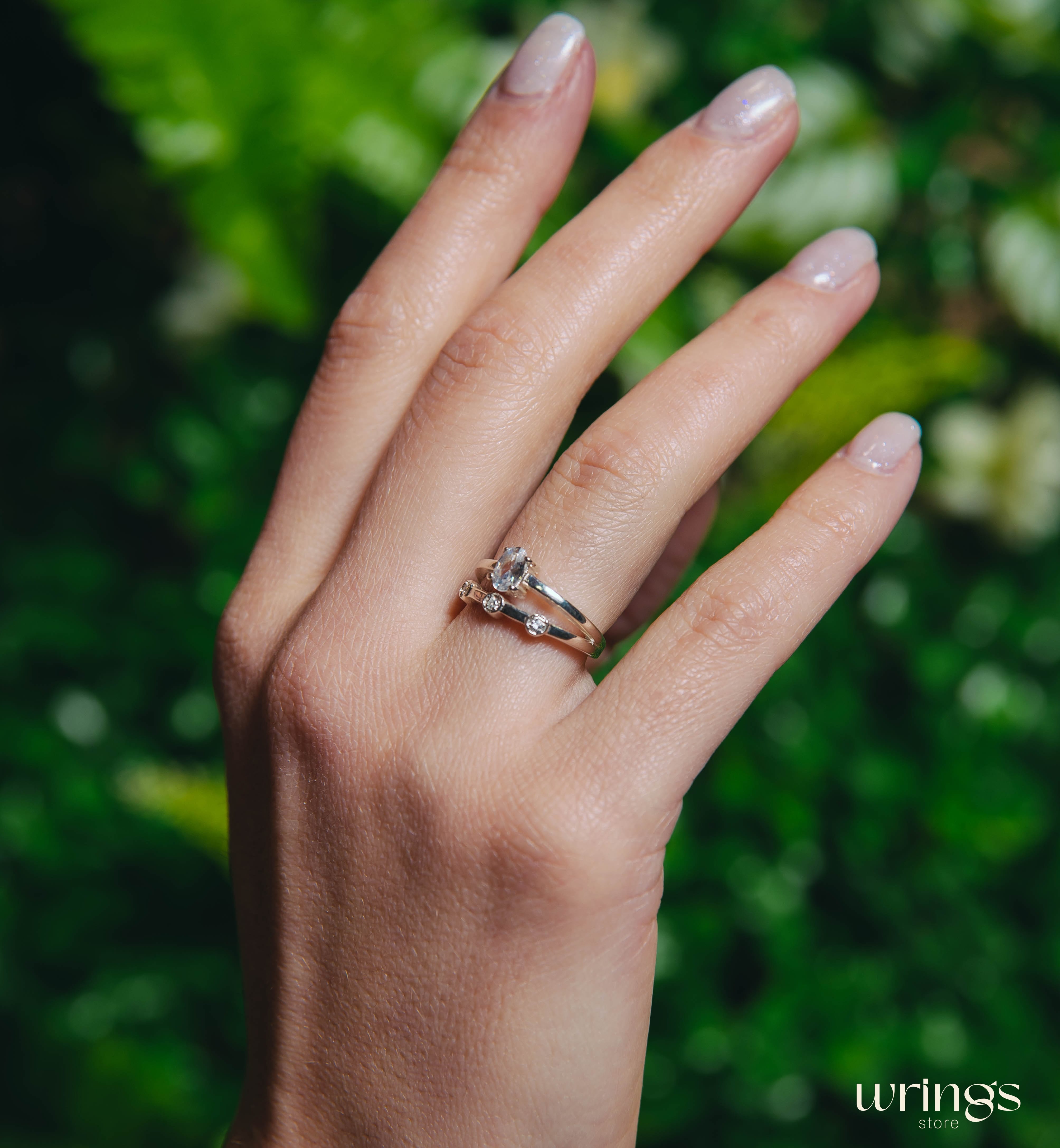 Oval Diamond CZ Double Engagement Ring Band Side Stones
