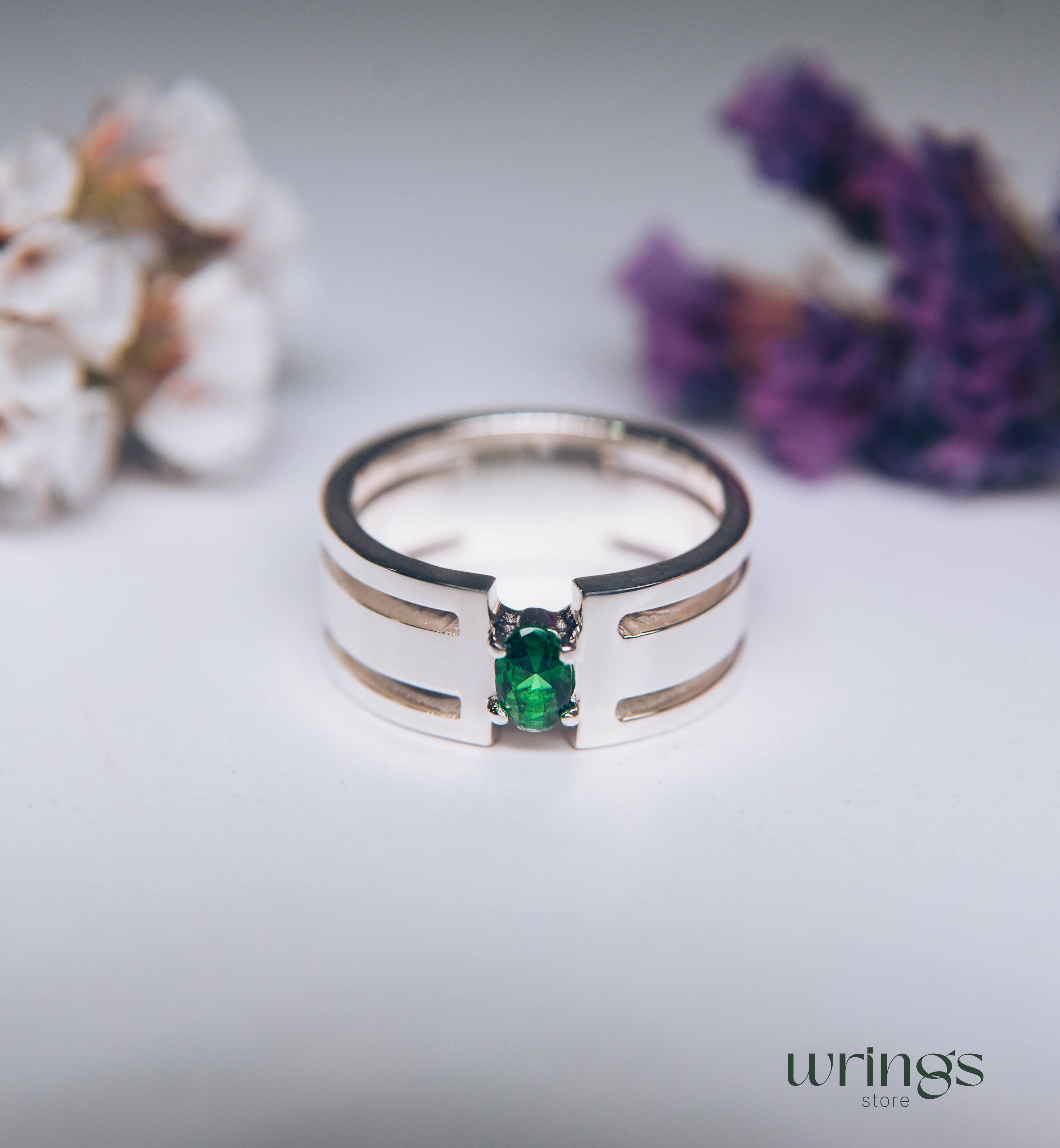 Green Oval Stone Extra Wide Wedding Band Solid Silver