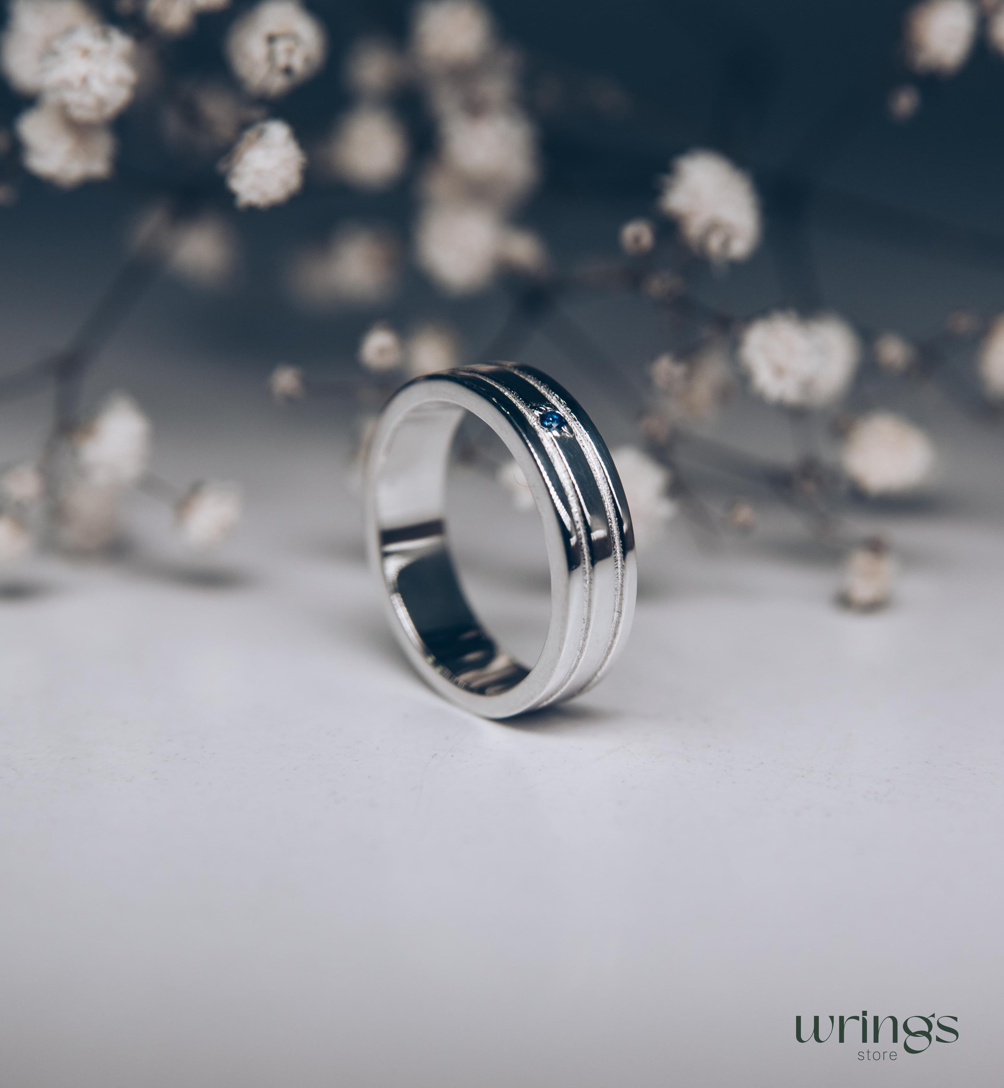 Womens Engraved Silver Wedding Band with Sapphire
