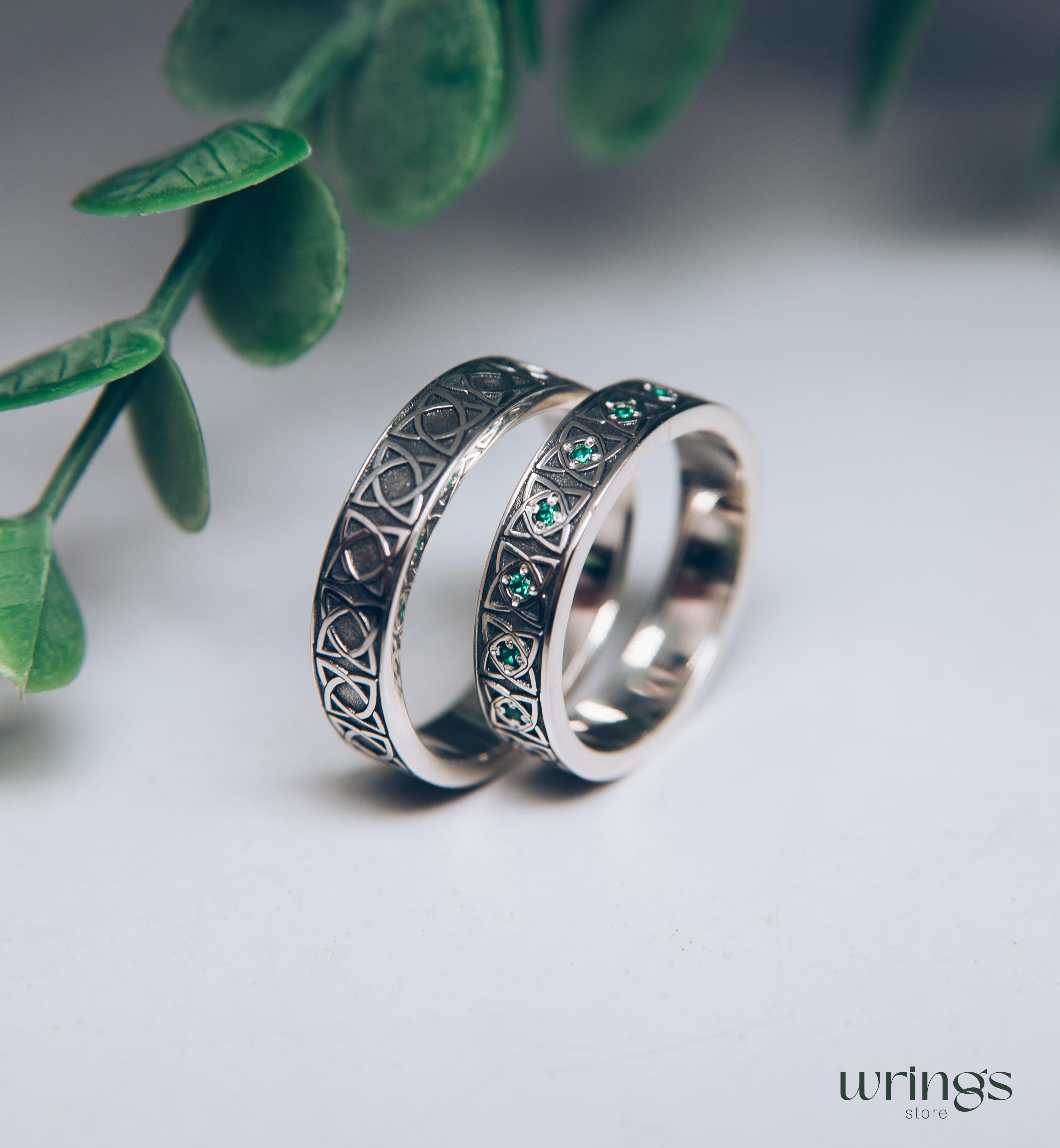 Matching Celtic Wedding Rings Emeralds & Irish Symbol