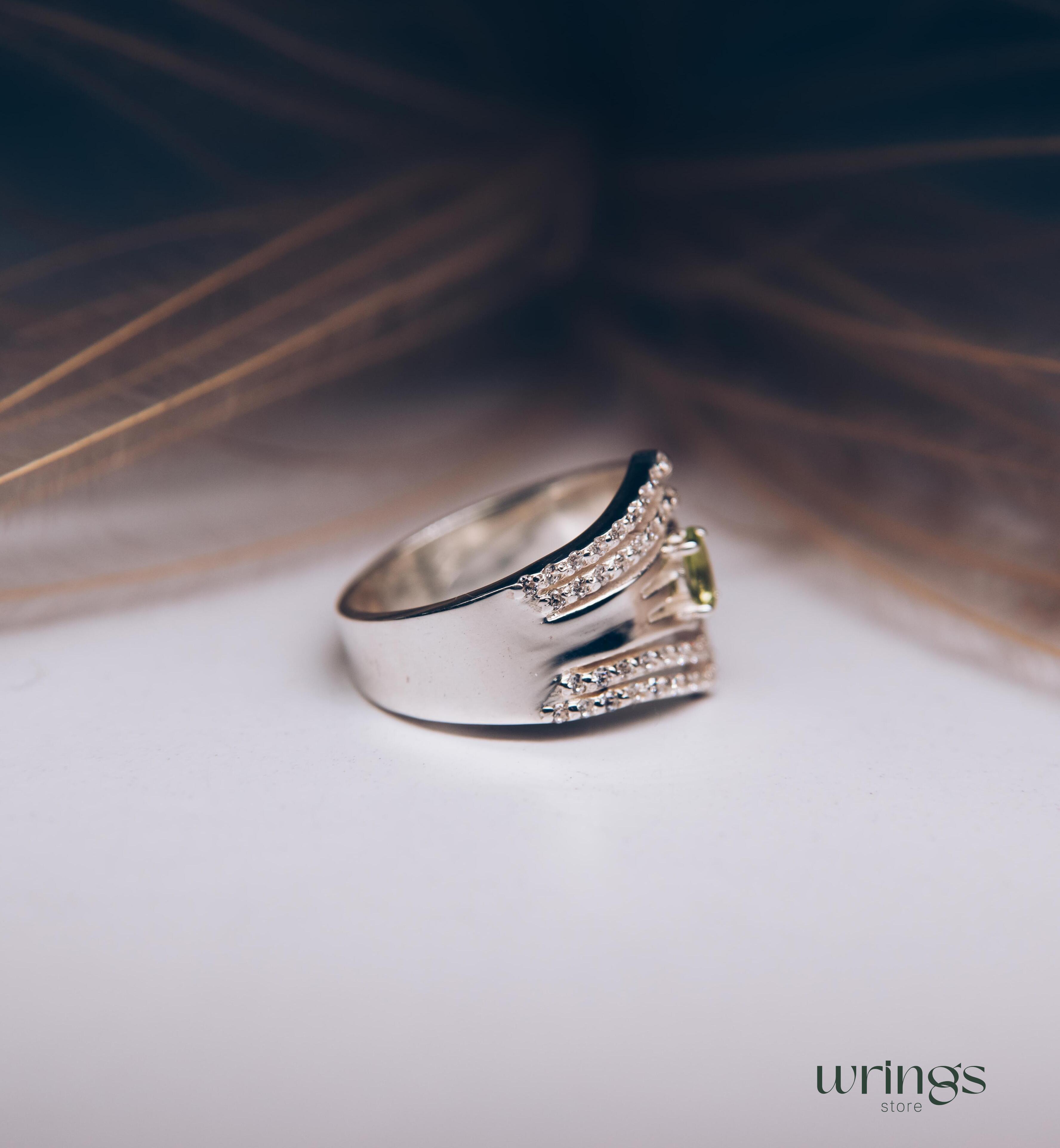 Wide Double Chevron Statement Ring Peridot & Diamonds