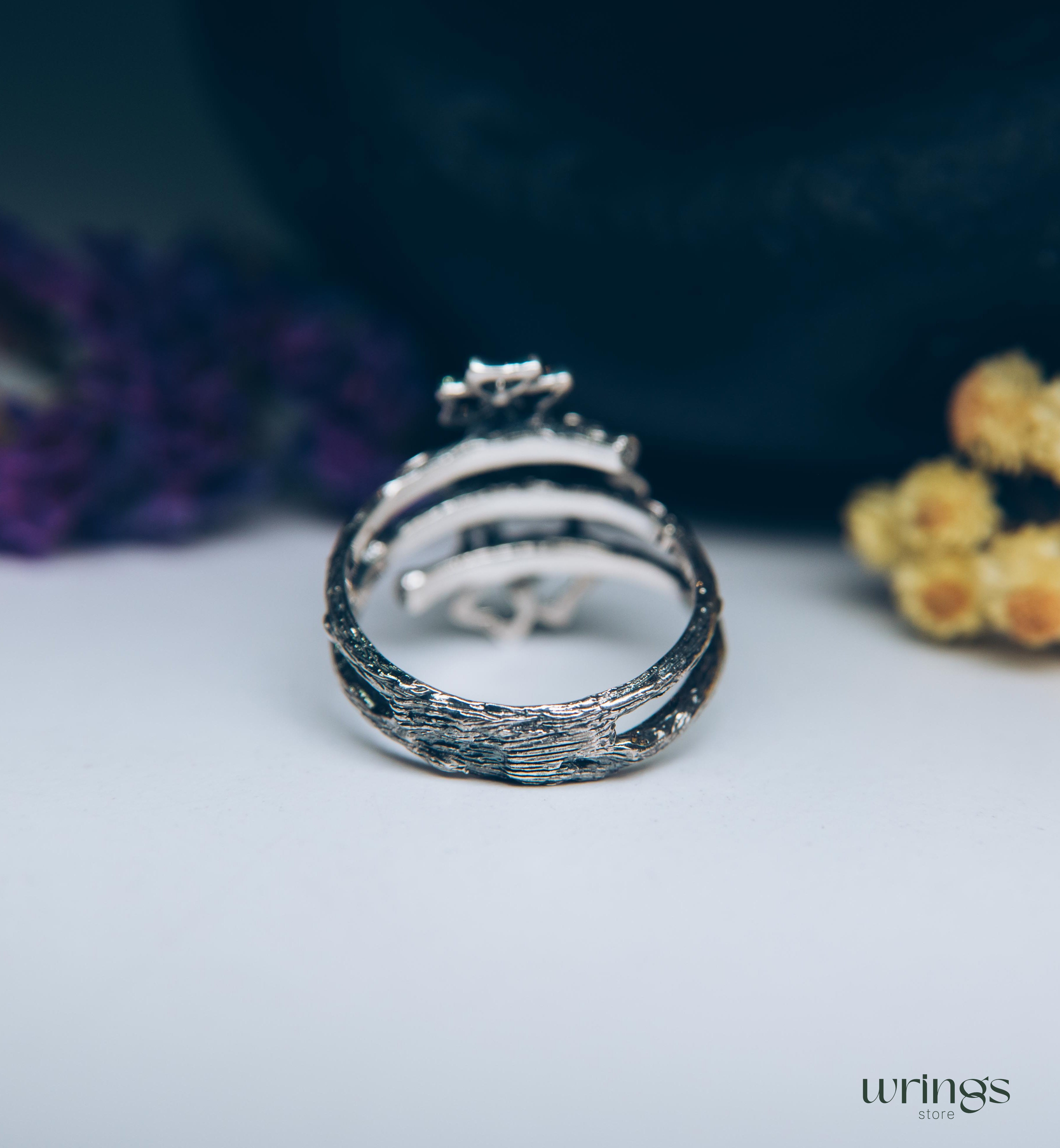 Triple Cubic Zirconia Trefoils on the Silver Branches Ring