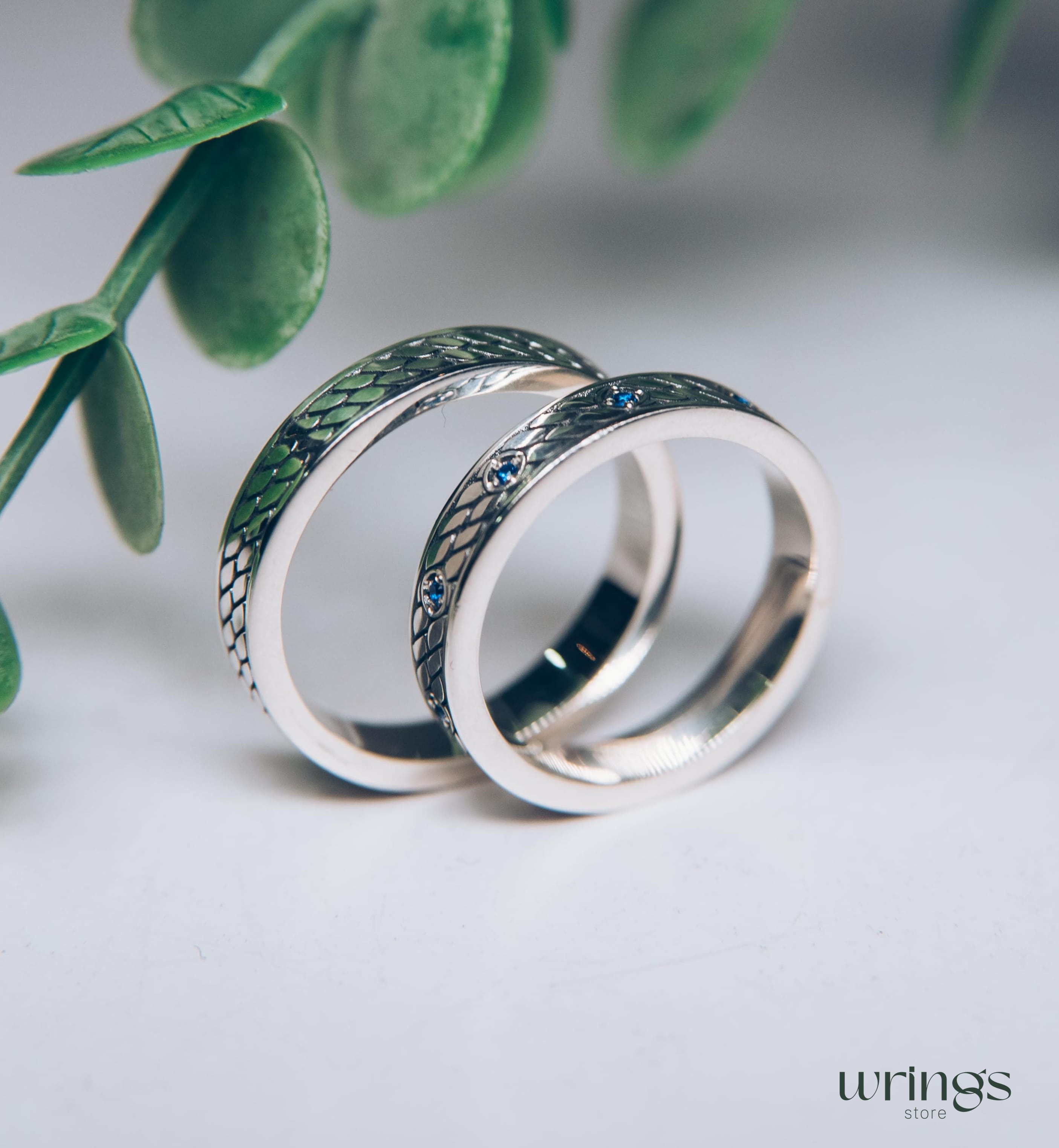 Couple Wedding Bands with Sapphire & Embossed Design