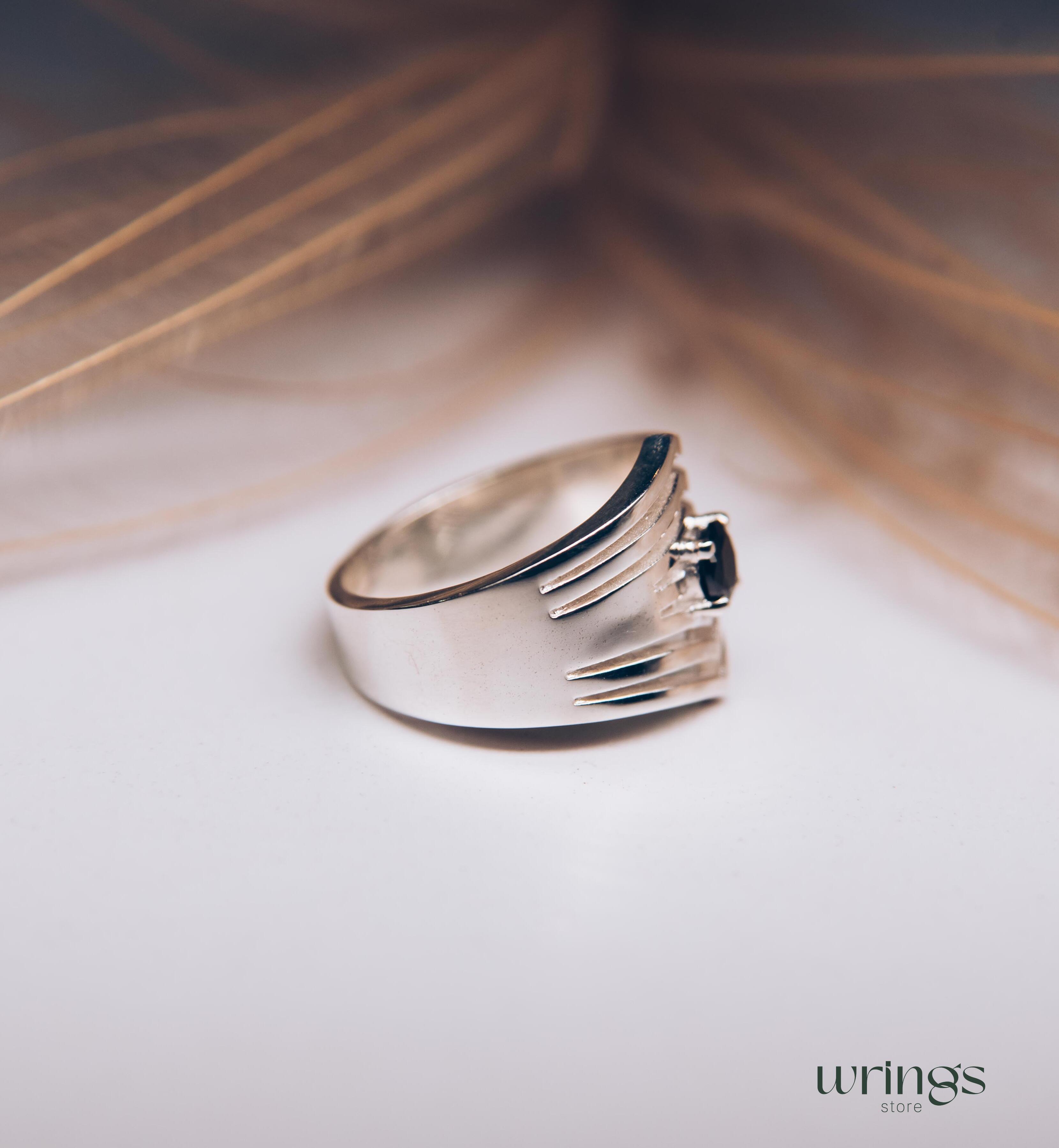 Extra Wide Silver Chevron Band Simulated Black Diamond