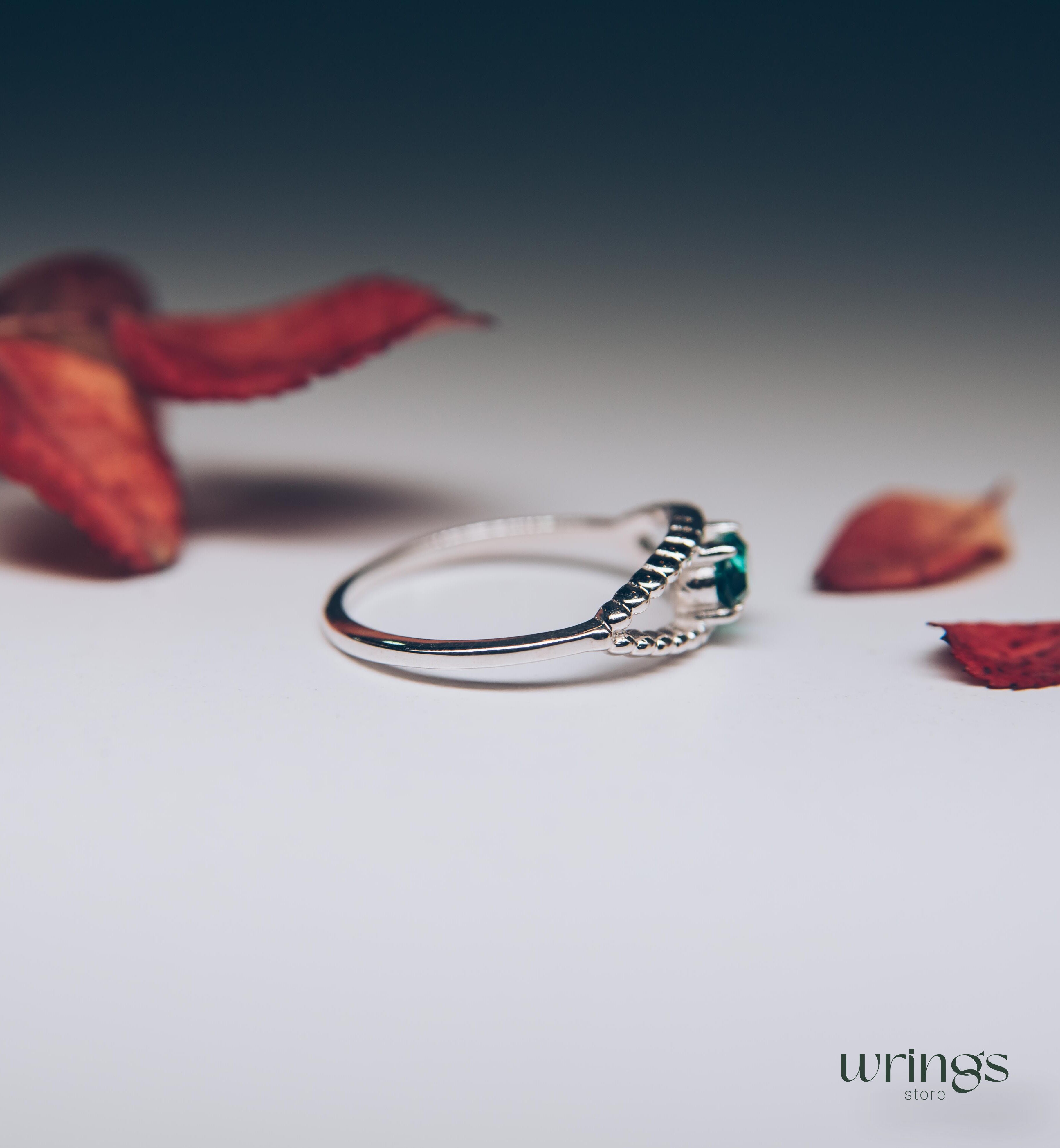 Beaded Silver Evil Eye Ring with Magical Green Quartz