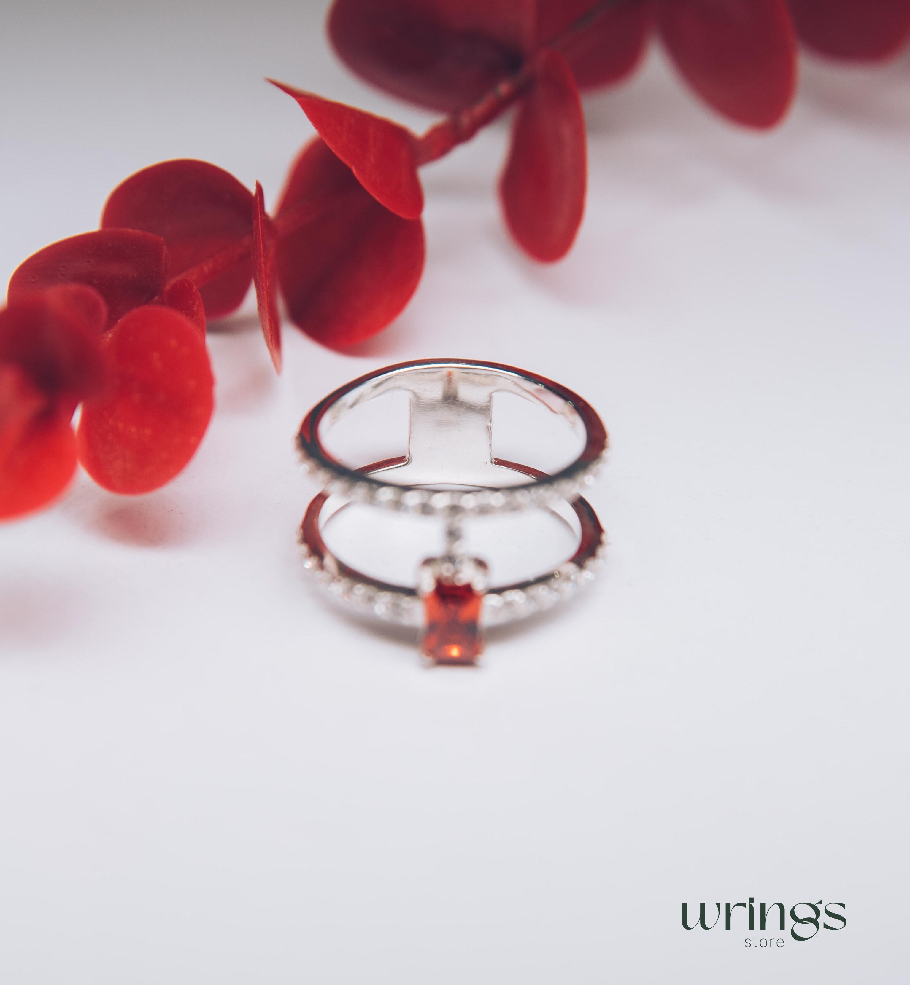 Garnet Two Band Engagement Ring Multiple CZ Stones