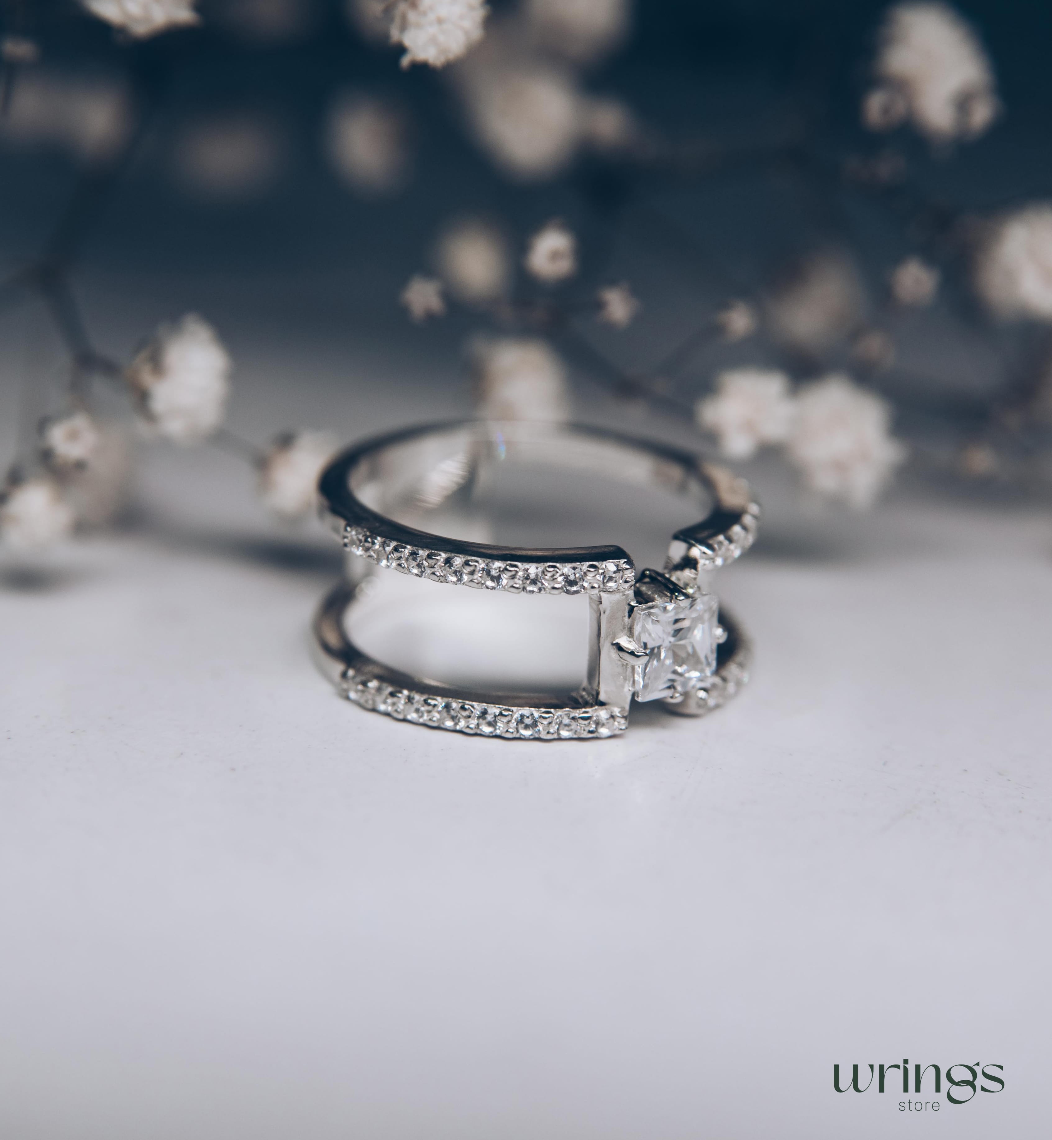 Double Band Silver Cocktail Ring Square Faux Diamond