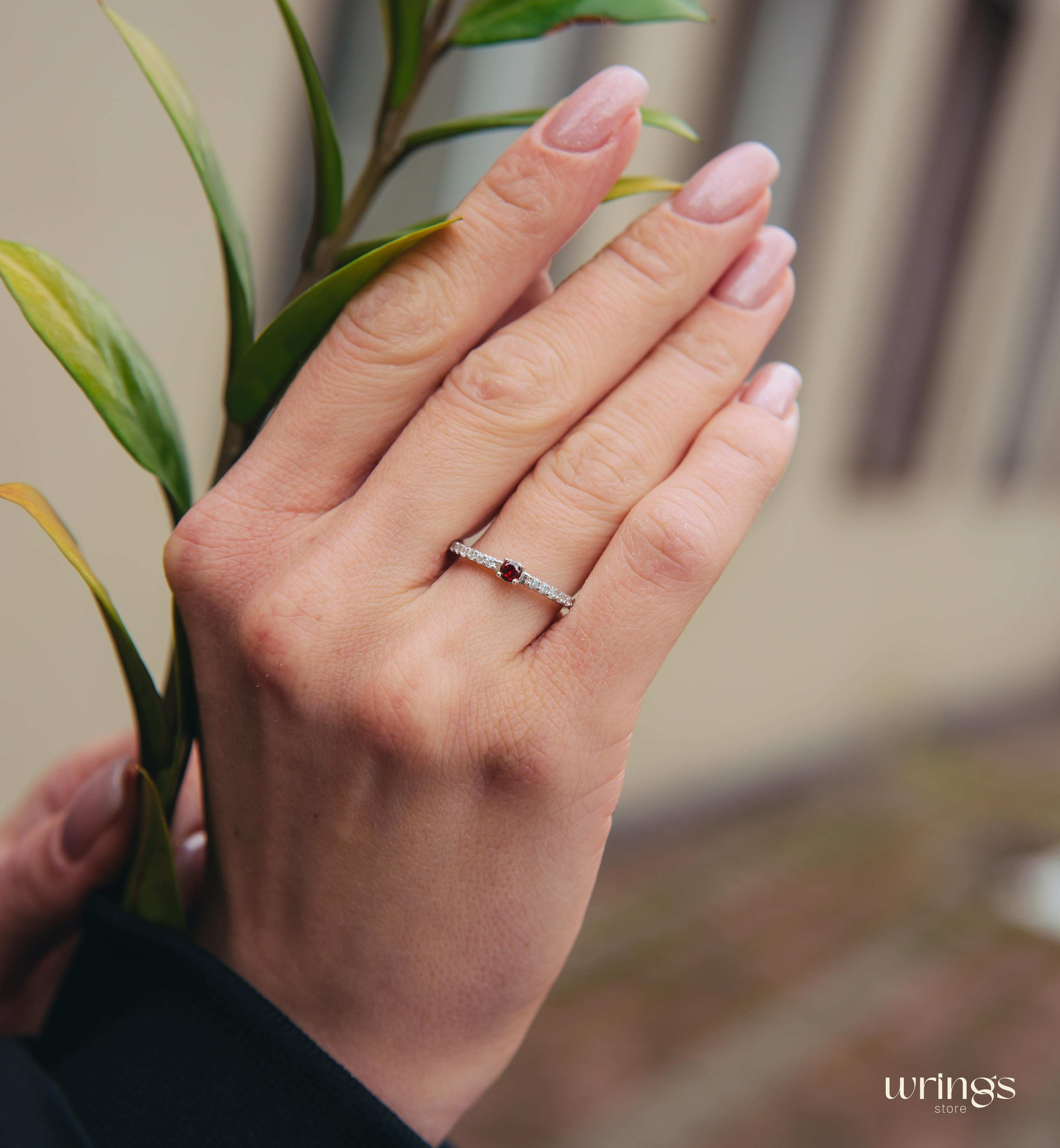 Dainty Garnet & Side Stones Silver Engagement Ring