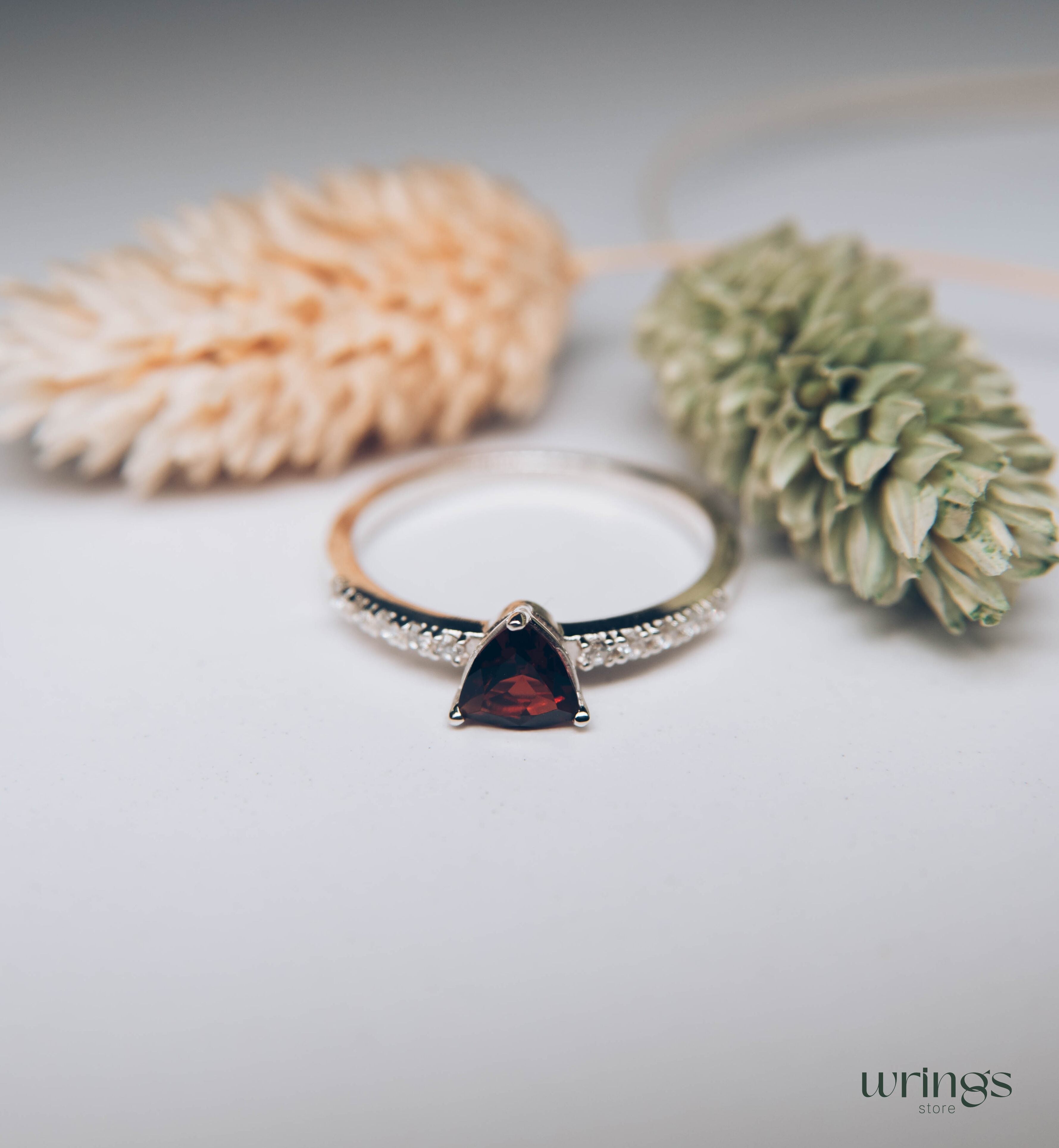 Trilliant Garnet Engagement Ring Silver & Side CZ Stones