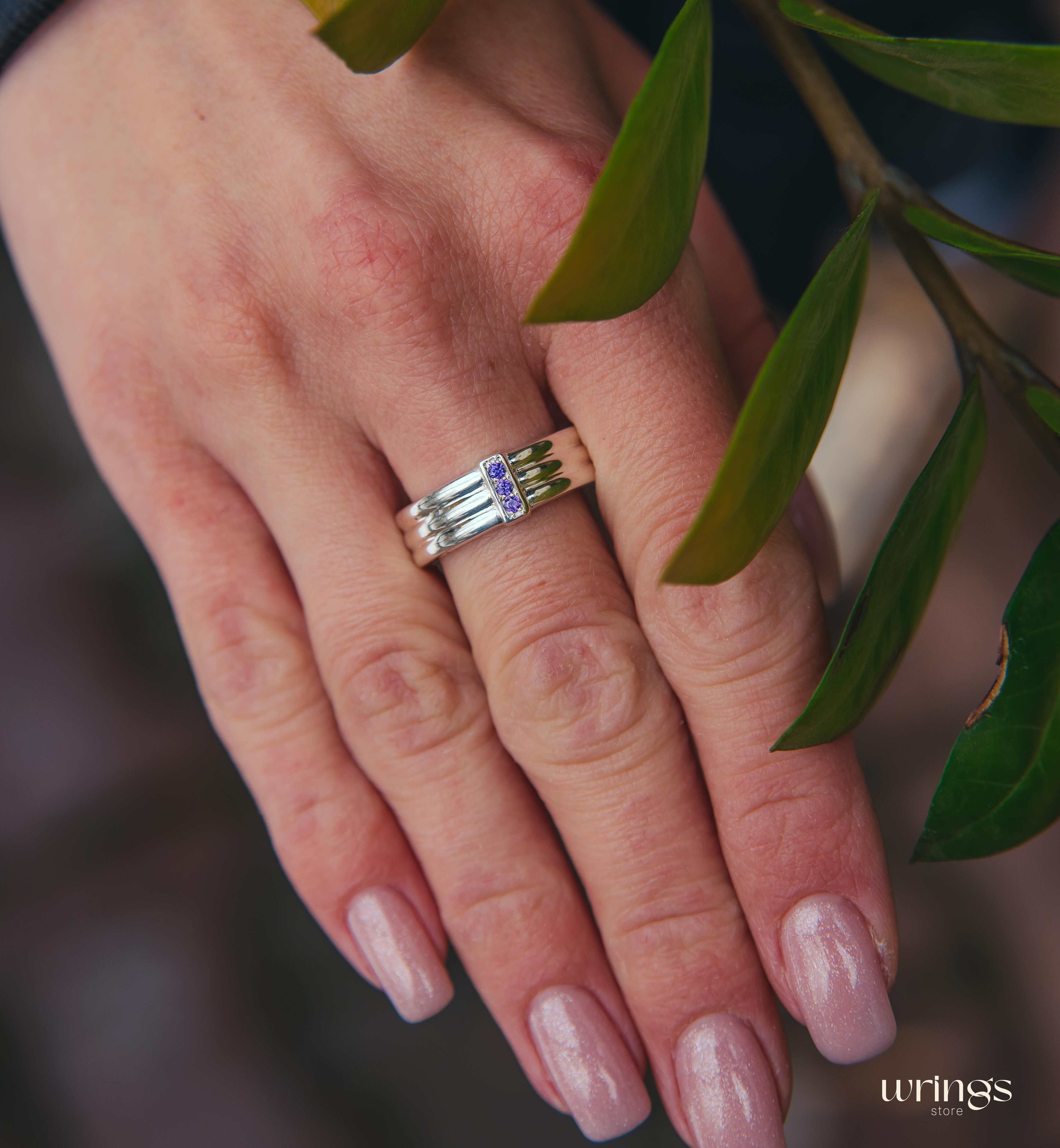 Three Amethysts Straight Triple Ring in Sterling Silver