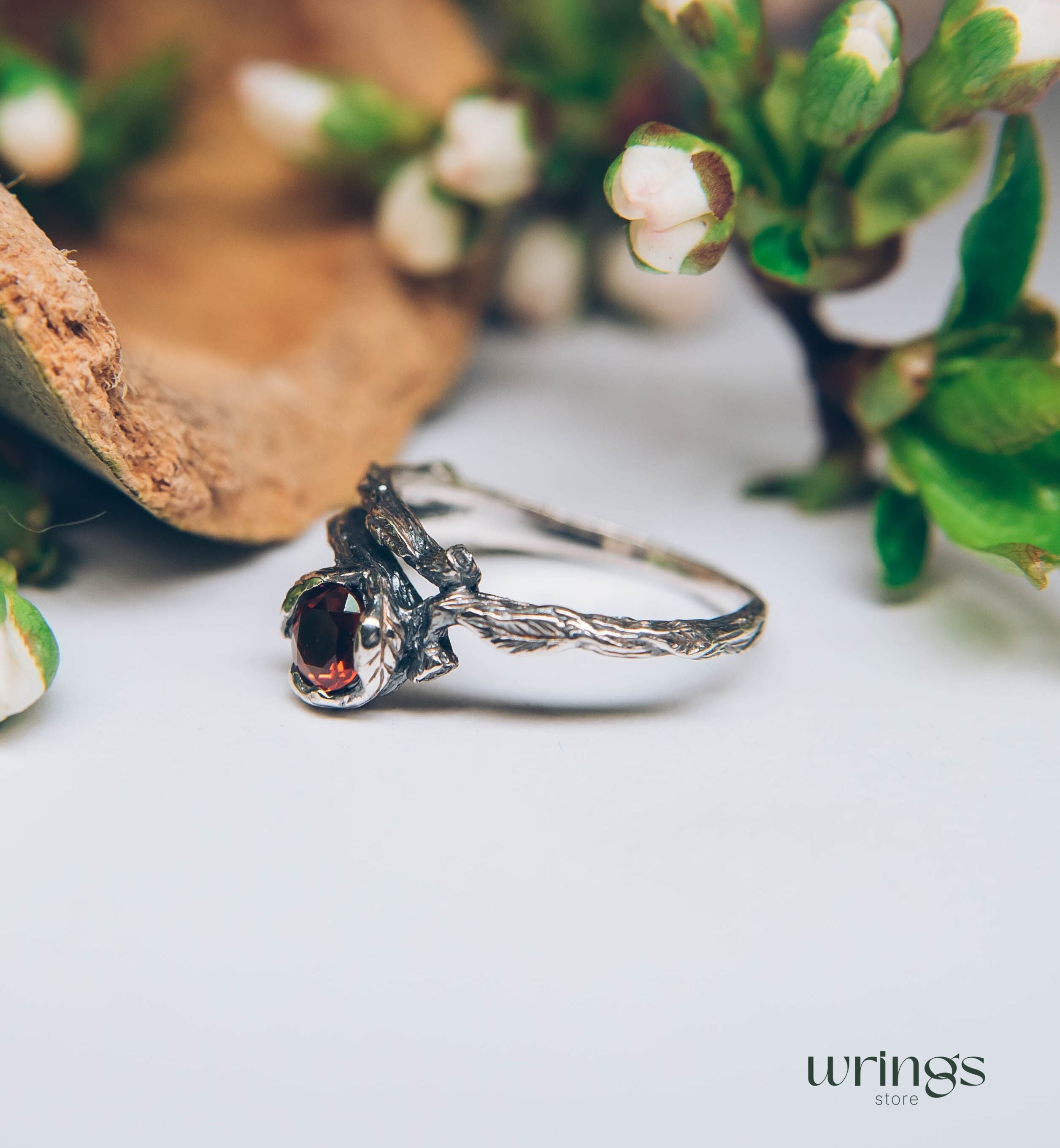 Unusual Branch and Leaves Silver Garnet Engagement Ring