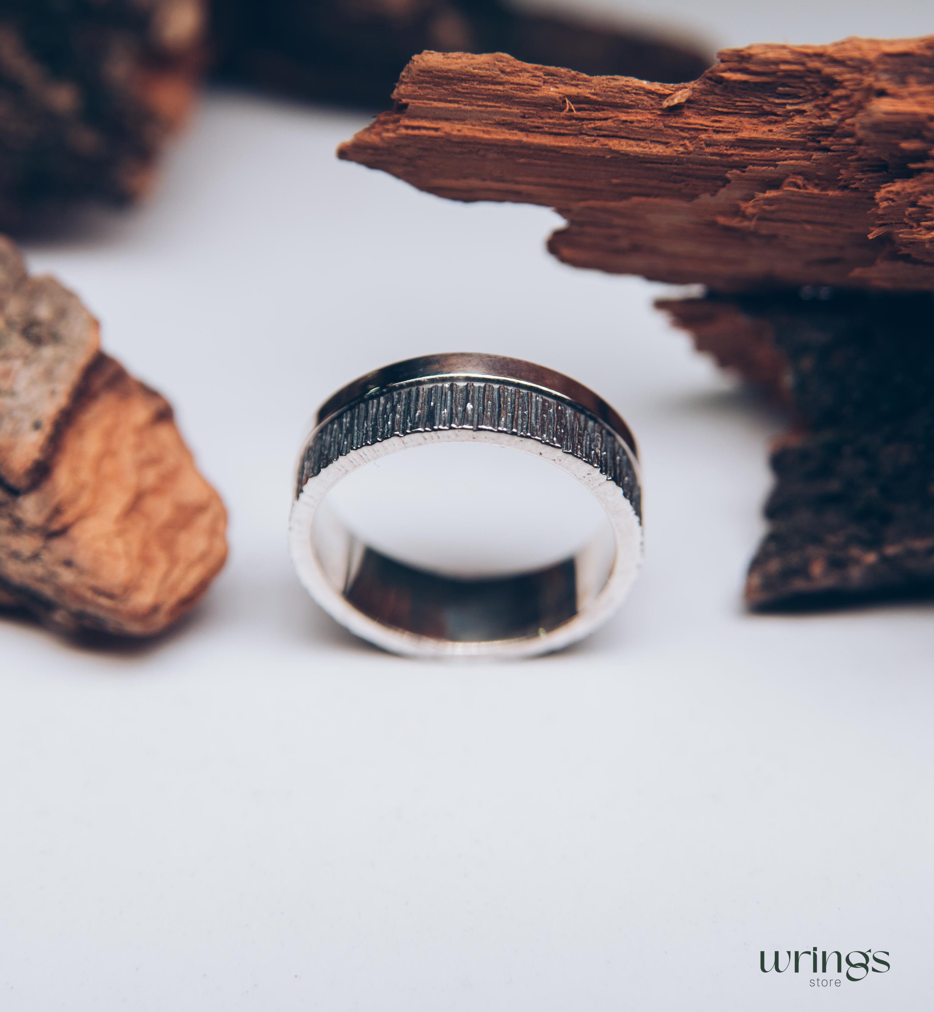 Double Textured Silver Tree Bark Wedding Band Rustic Style