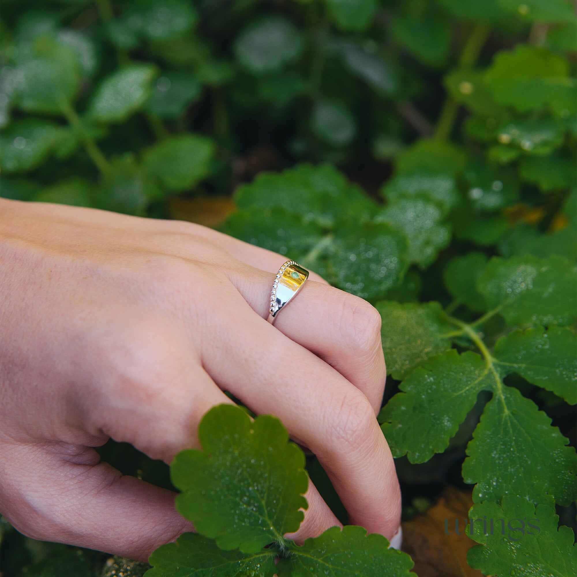 Beaded Silver & Emerald Evil Eye Ring Boho Style