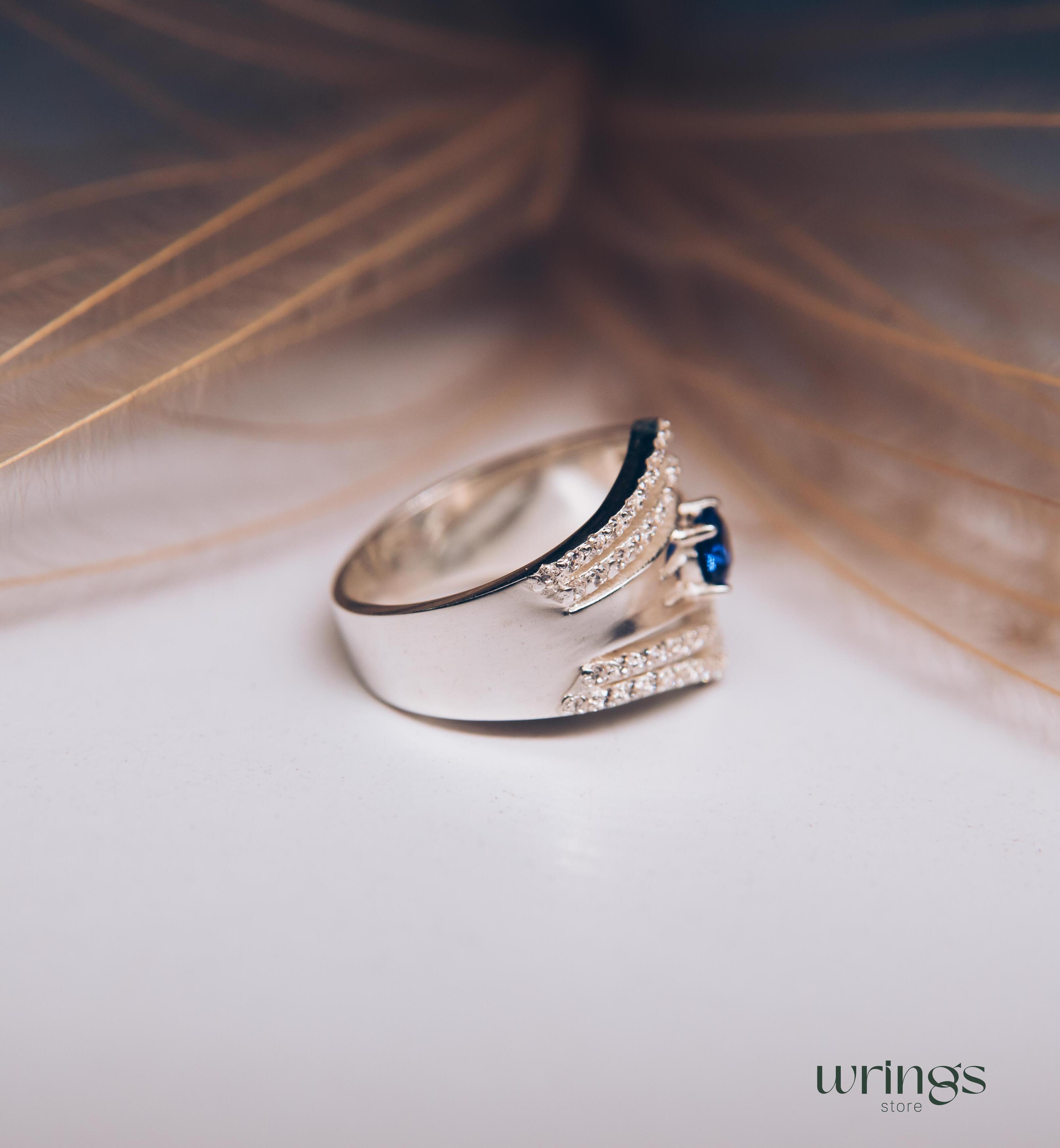 Double Chevron Band LG Blue Sapphire and Diamonds CZ