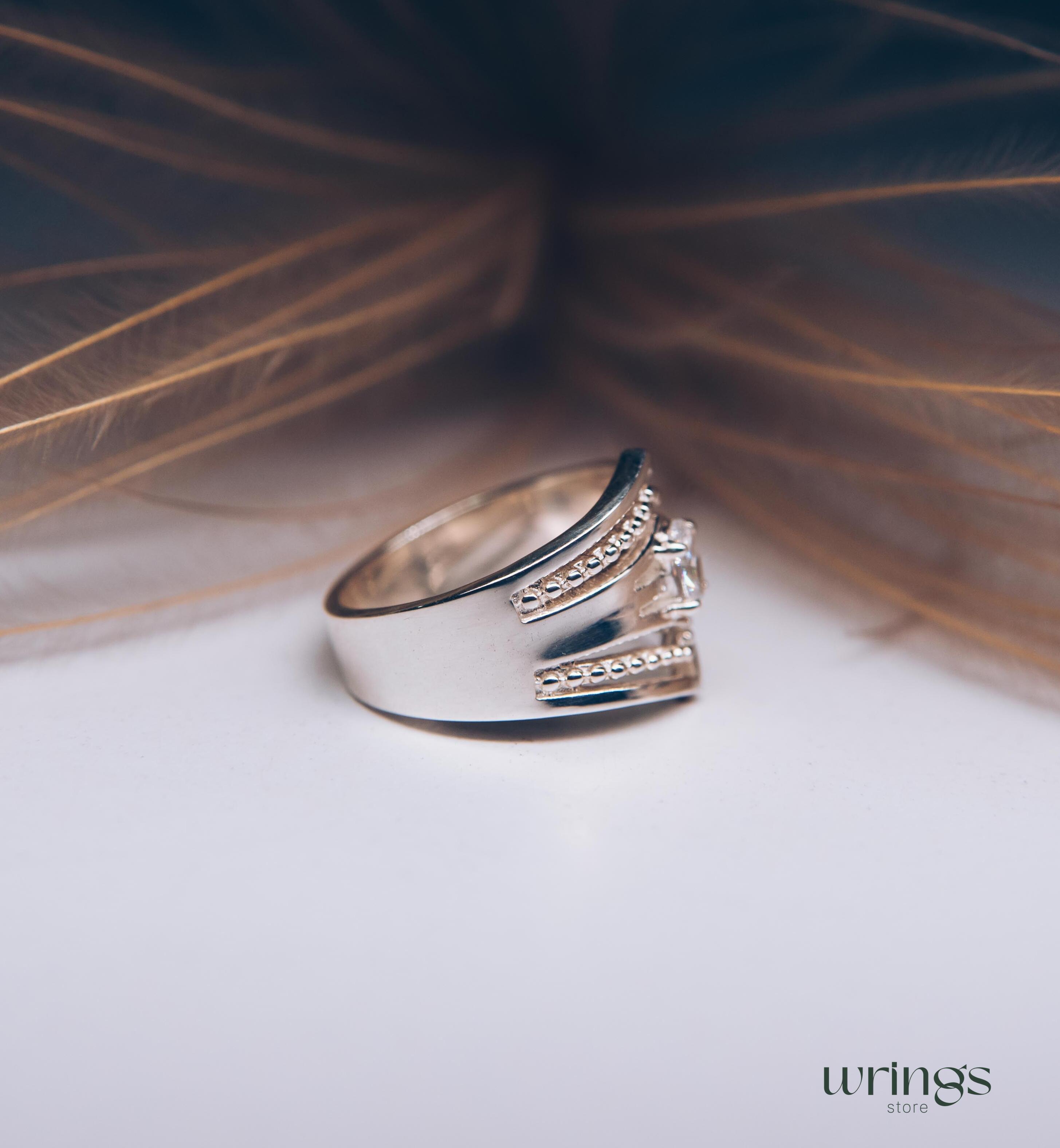 Extra Wide Beaded Chevron Cocktail Ring White Stone