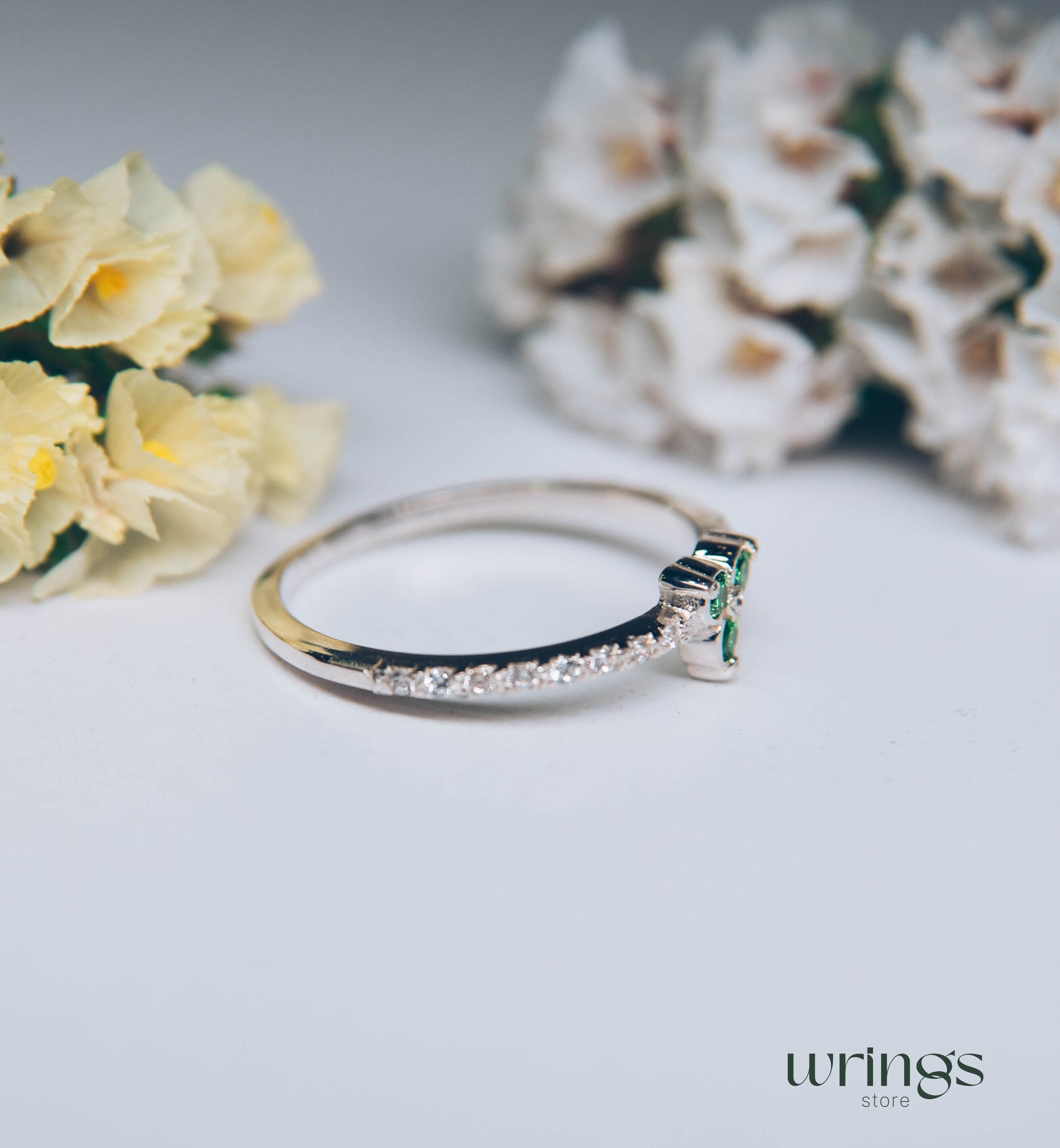 Natural Emerald Three Stone Wedding Ring with Sparkling CZ