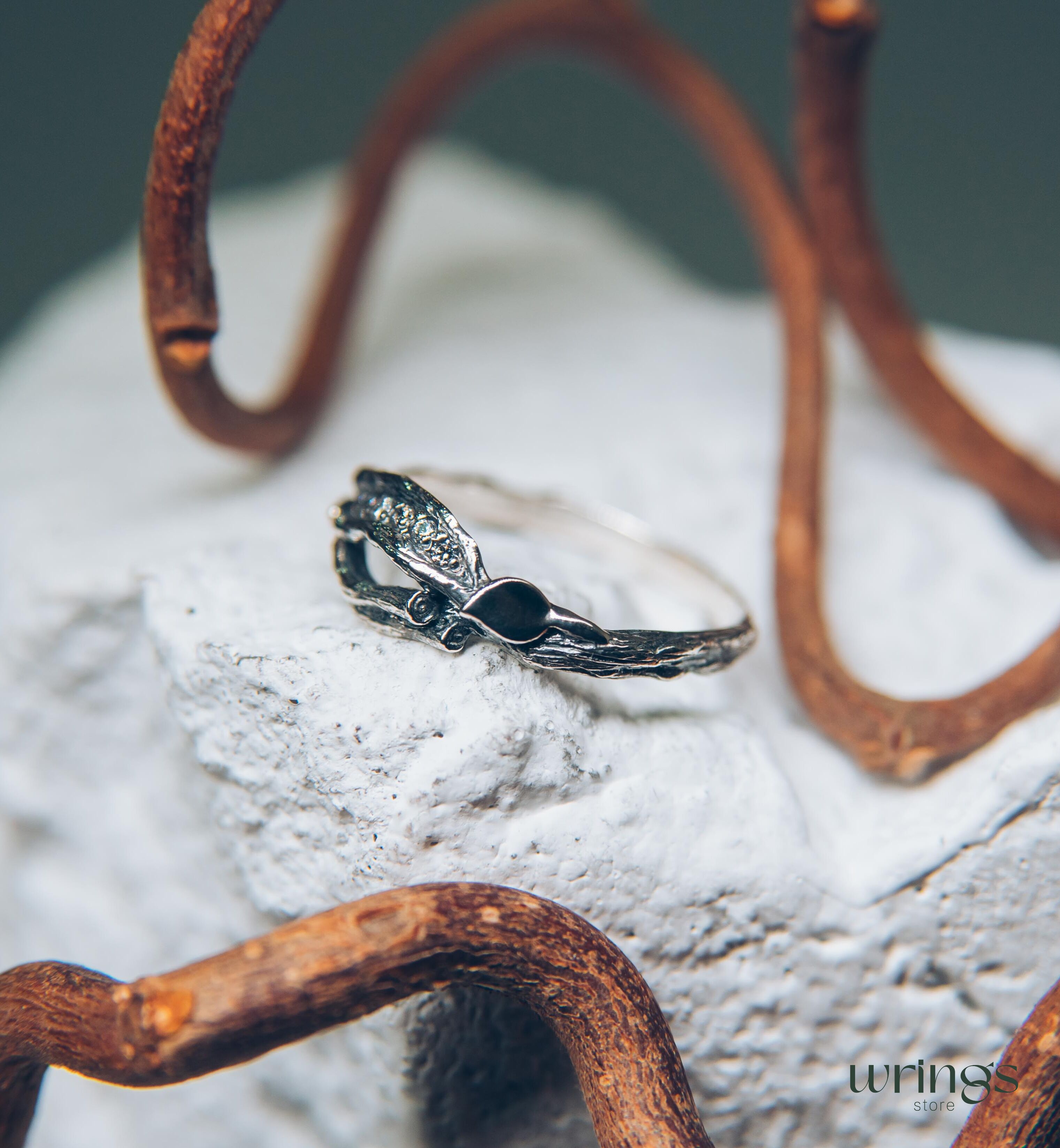 Stones on a Dainty Split Silver Branch & Leaves Cute Ring
