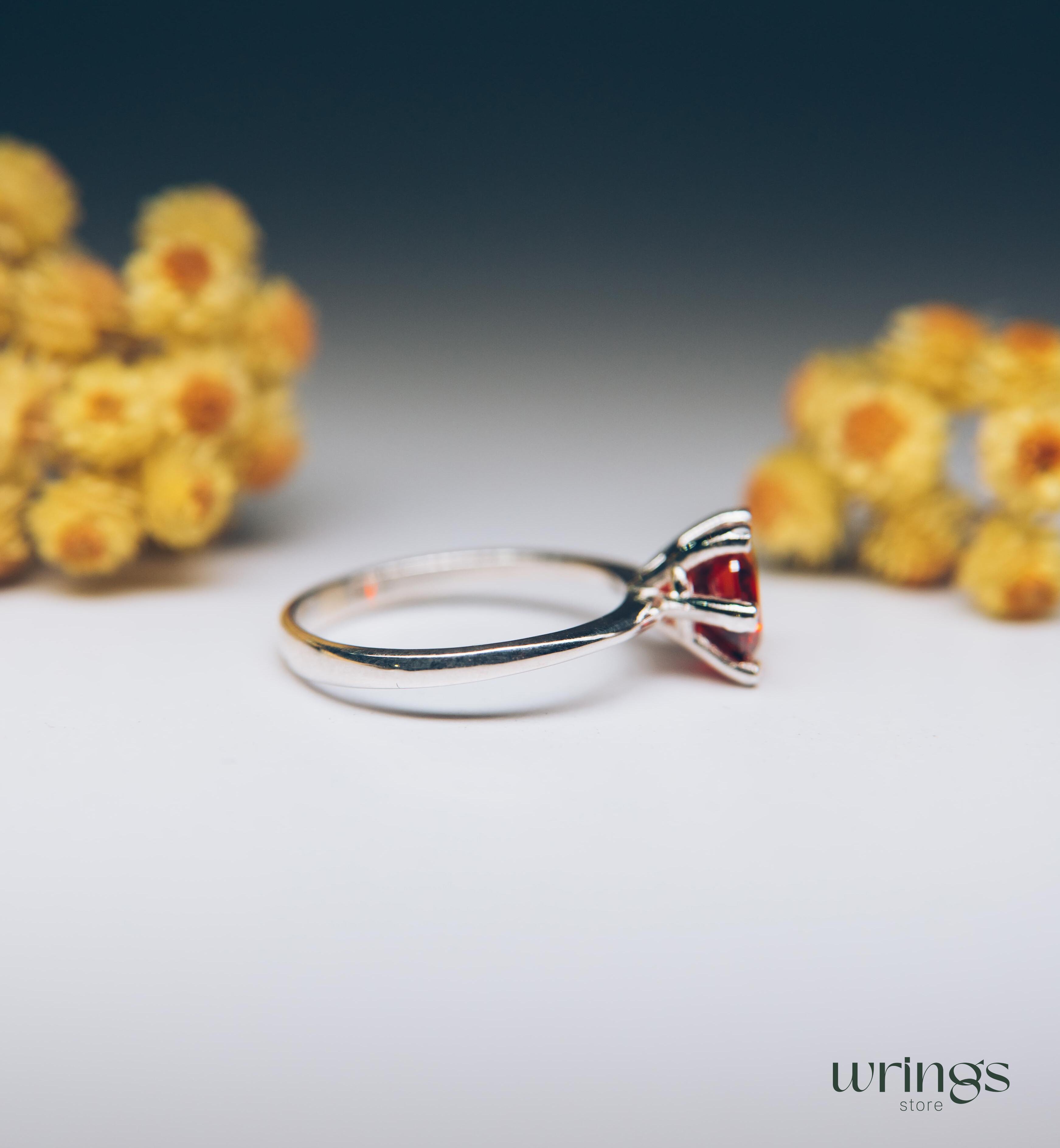 Large Red Round Garnet Solitaire Engagement Ring Silver