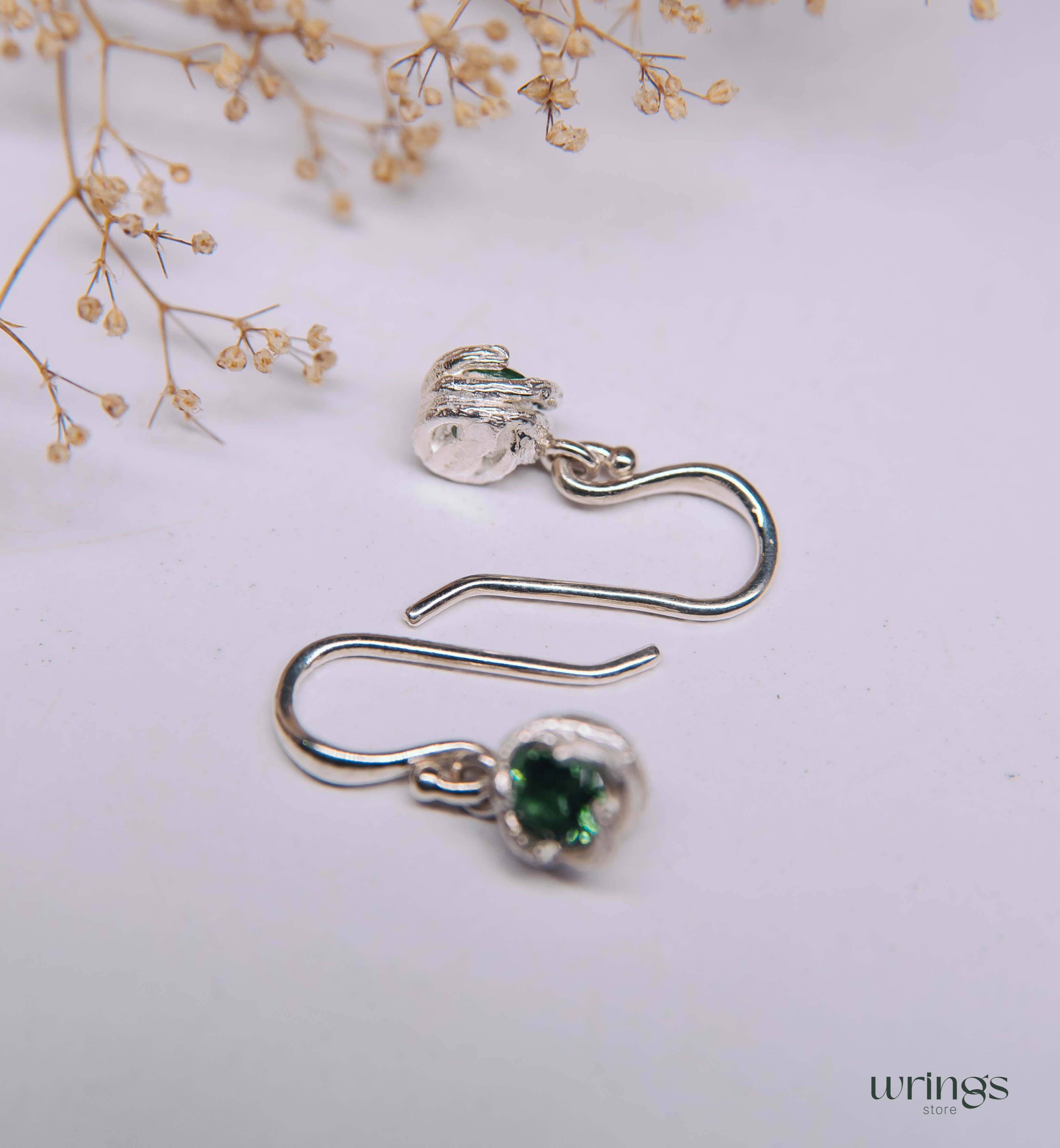 Cute Green Quartz Earrings Drop Dangly Silver Tree
