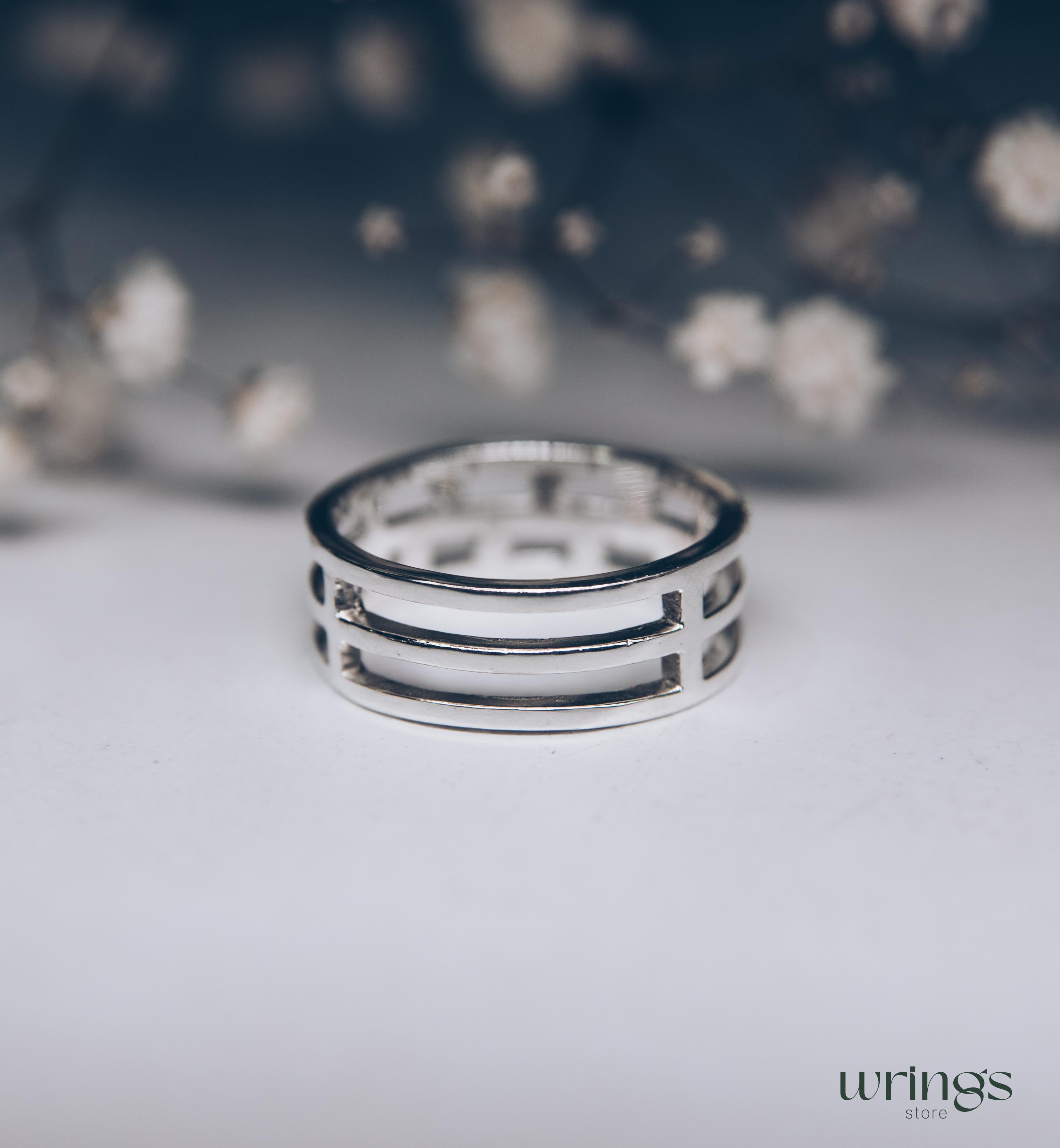 Silver Wedding Band Garnets and Dots Modern Style