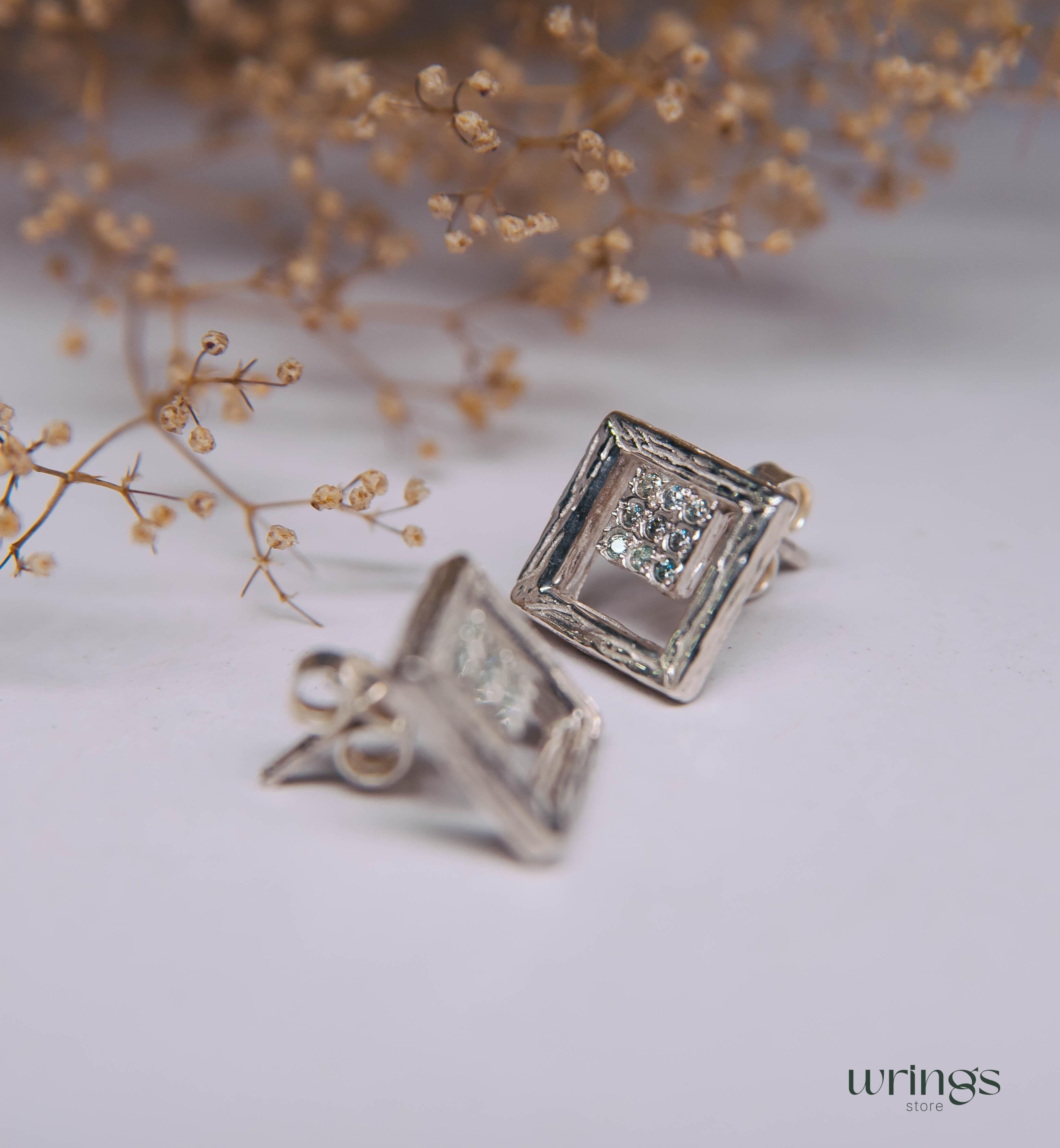 Open Square Shape Tree Silver Stud Earrings with Topaz