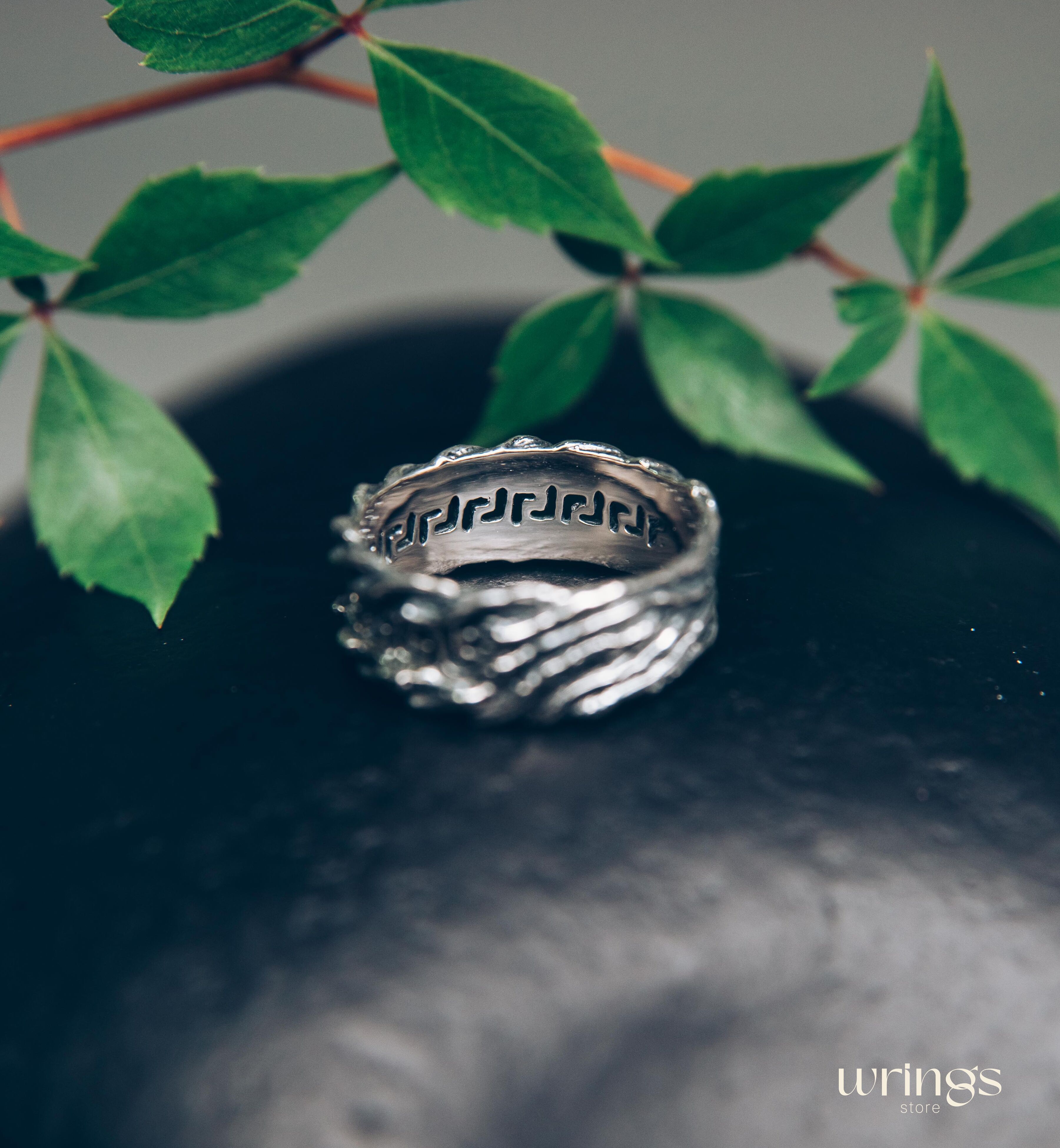 Men's Greek key & Tree bark Silver Wedding Band
