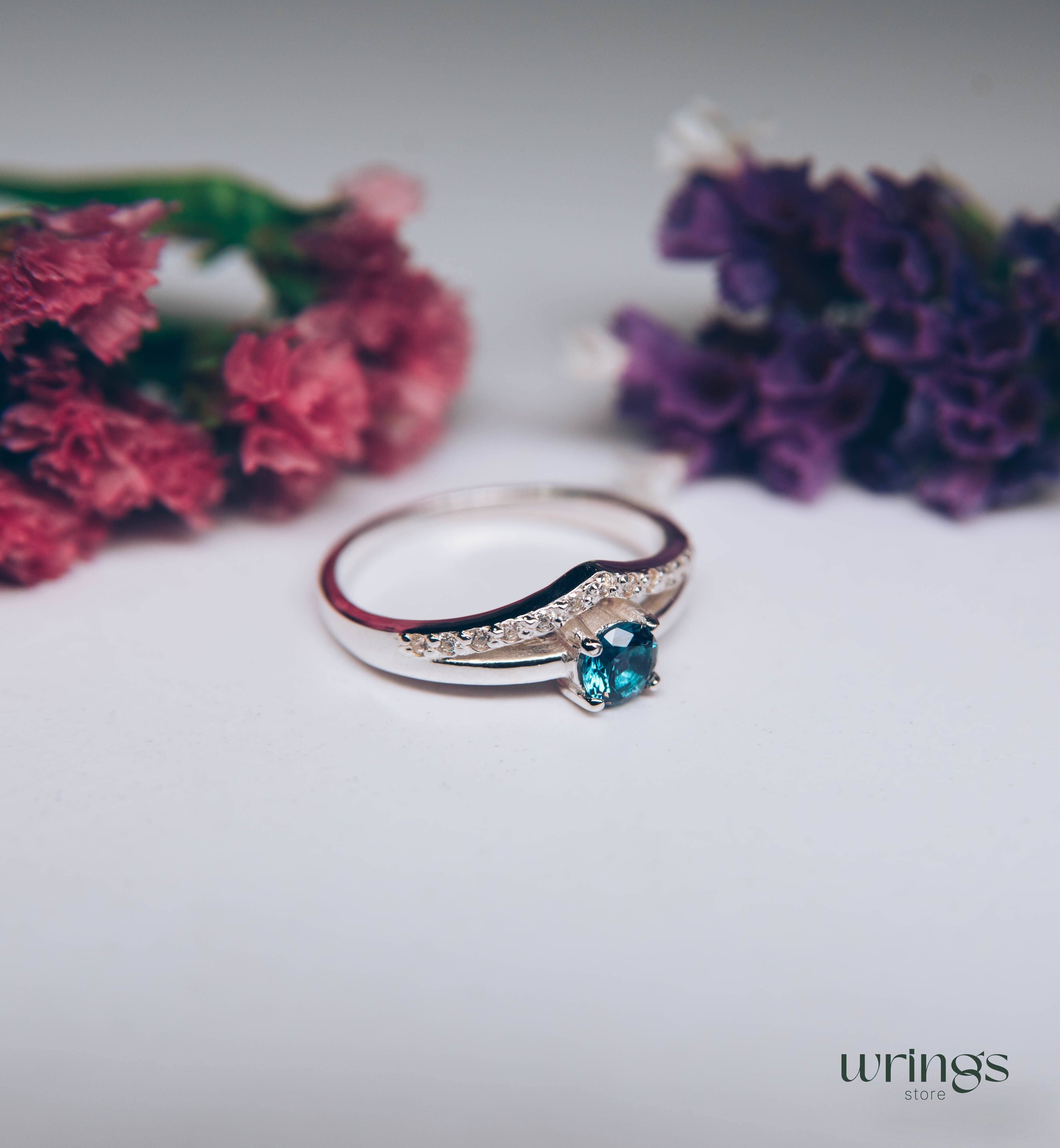 London Blue Topaz Chevron Engagement Ring Silver & CZ