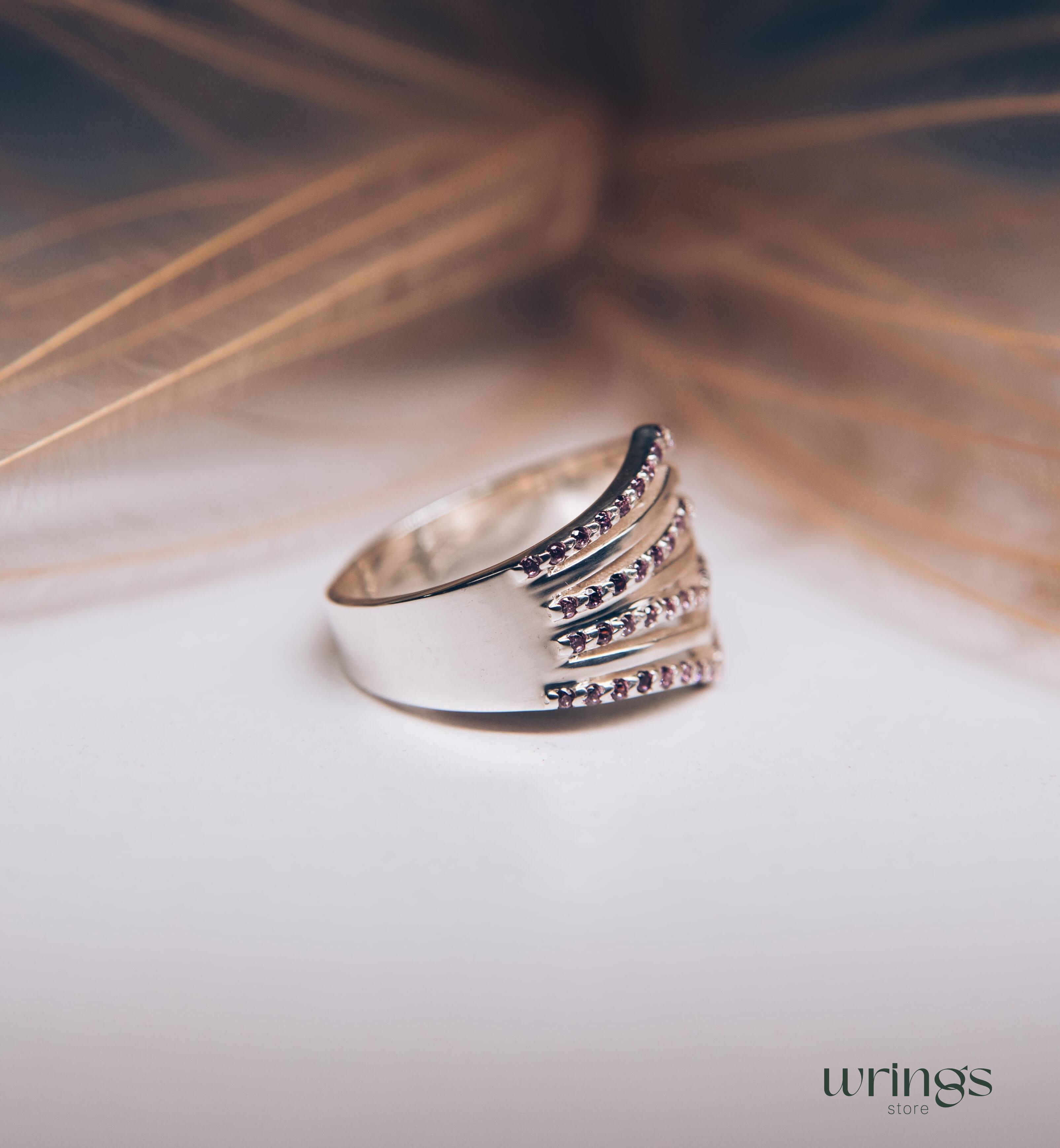 Multi Stone Amethyst Womens Signet Ring Double Chevron