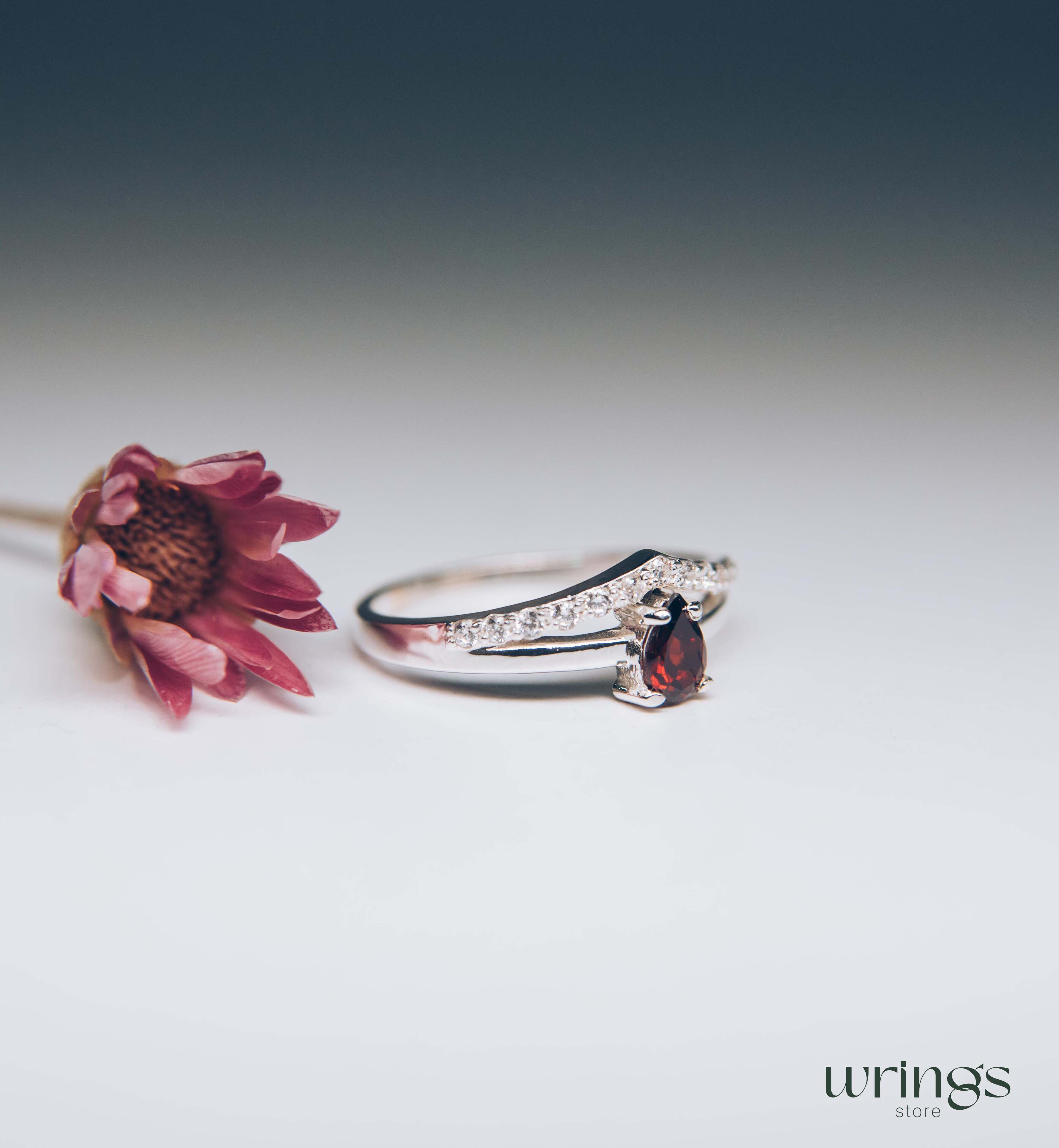 Chevron & Pear cut Garnet Engagement Ring Silver and CZ