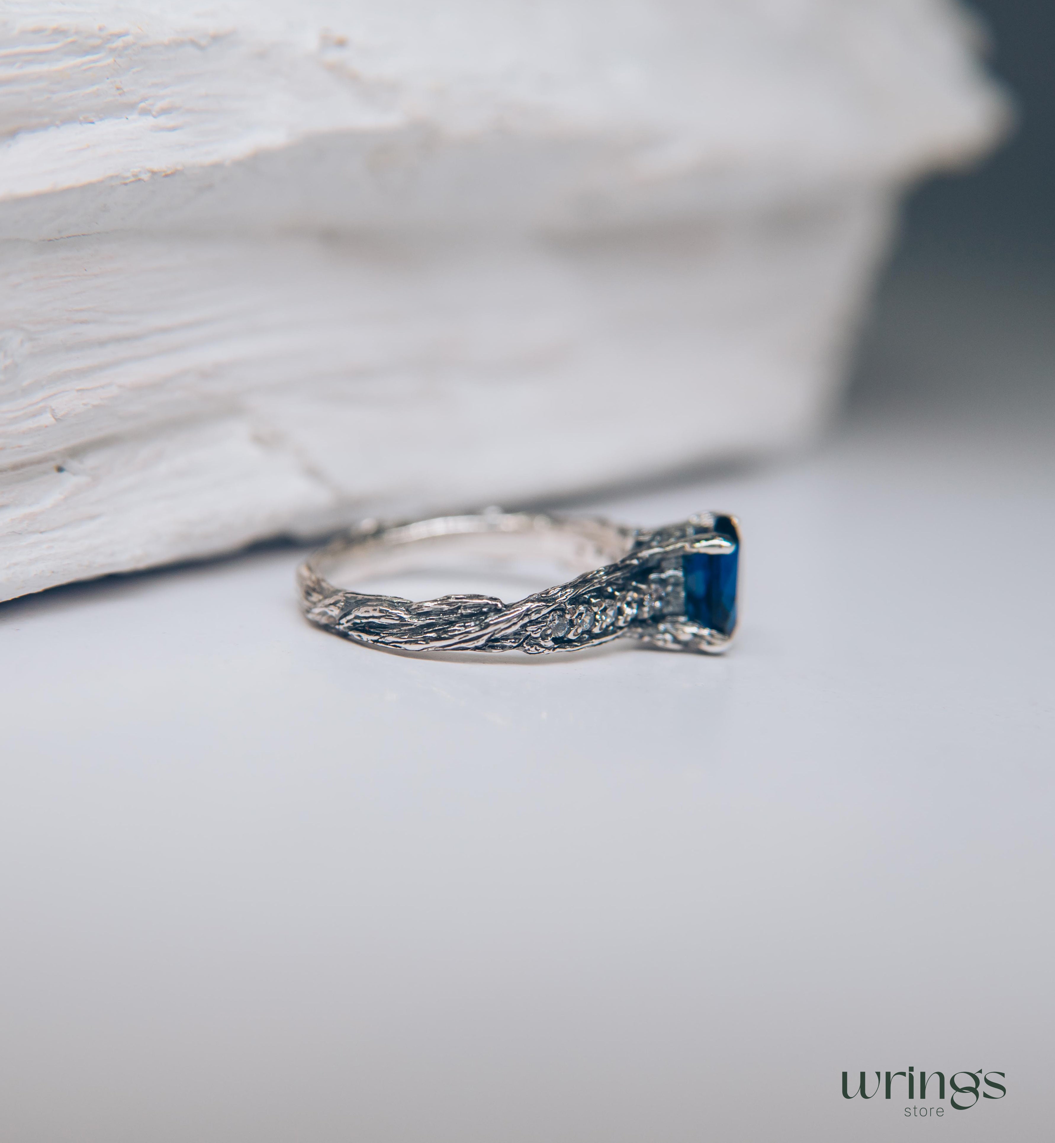 Dainty Oval Sapphire Ring – Side Stones on Silver Branch