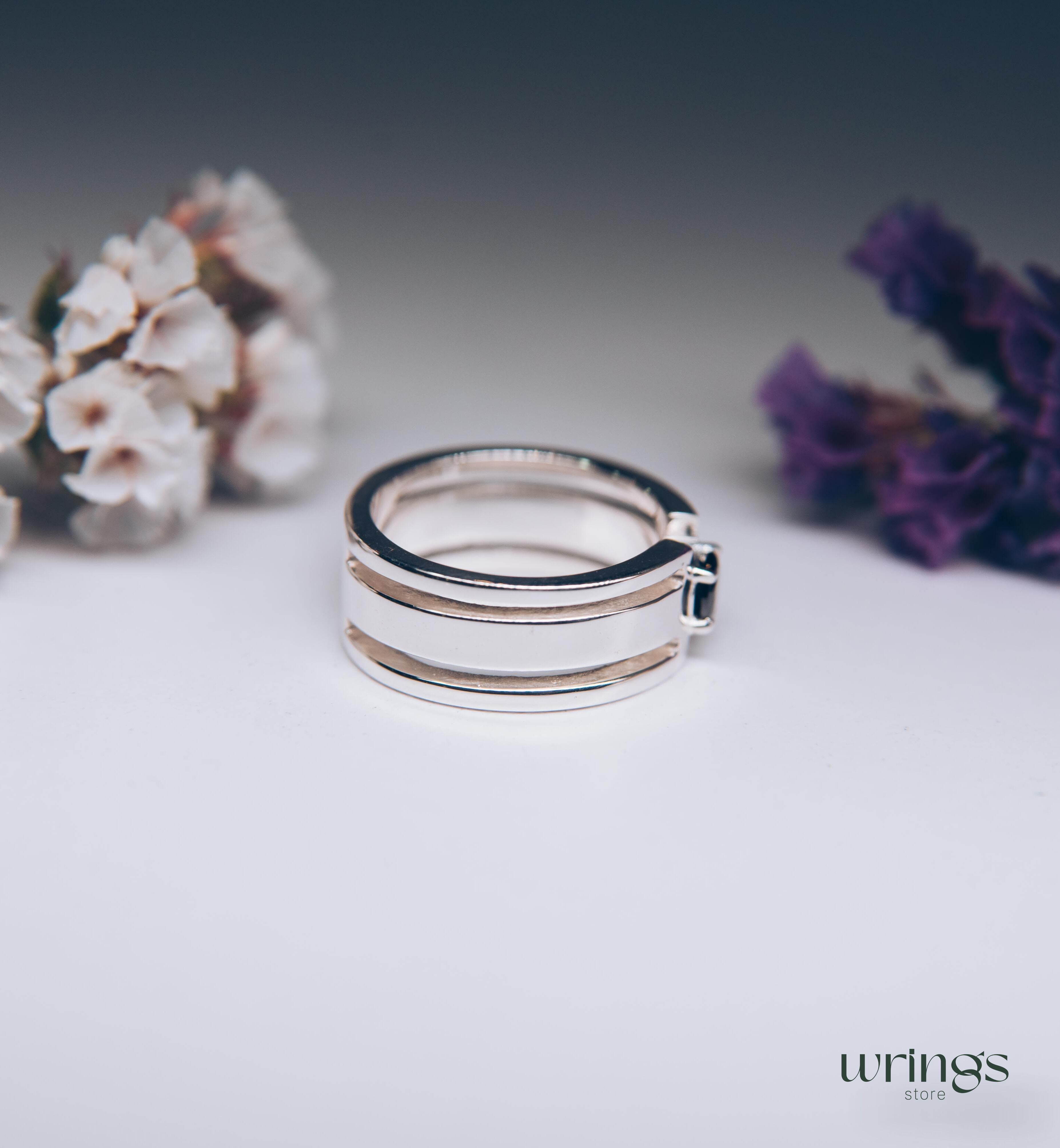Round Black Diamond Silver Wide Band Engagement Ring
