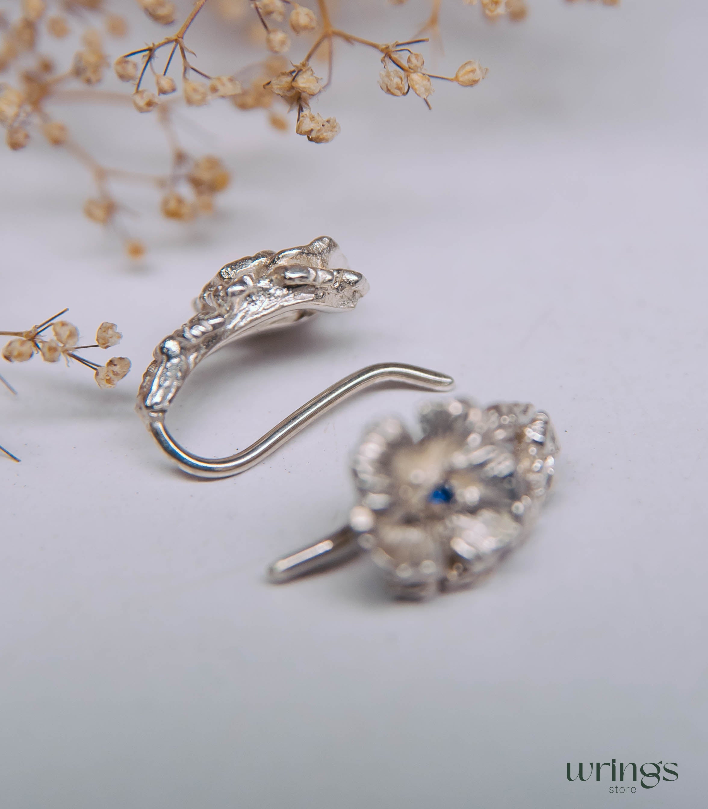 Silver Poppy Flower Earrings with Blue Sapphire