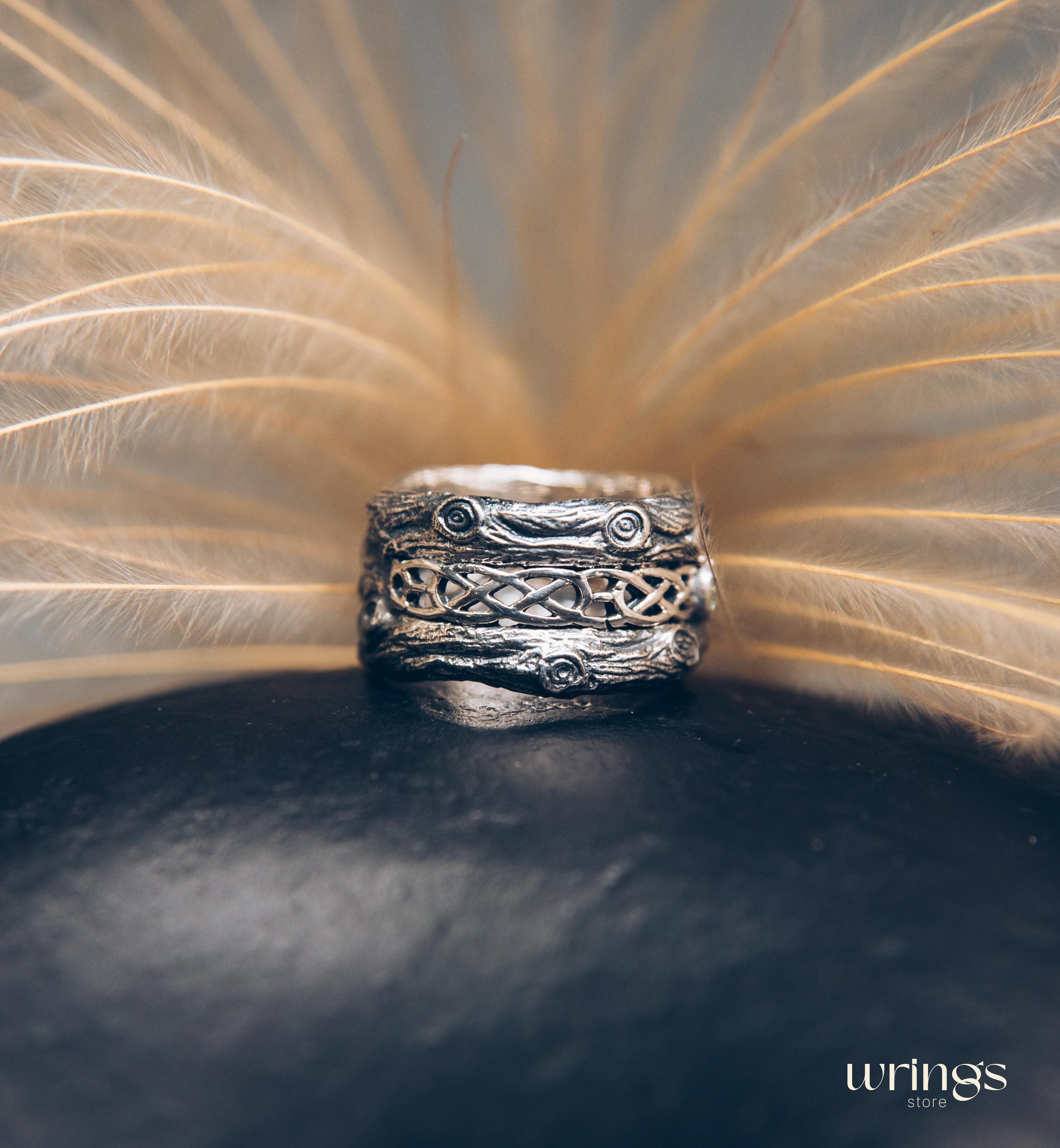 Silver bark with Celtic Weaves & Peridot Wedding Ring