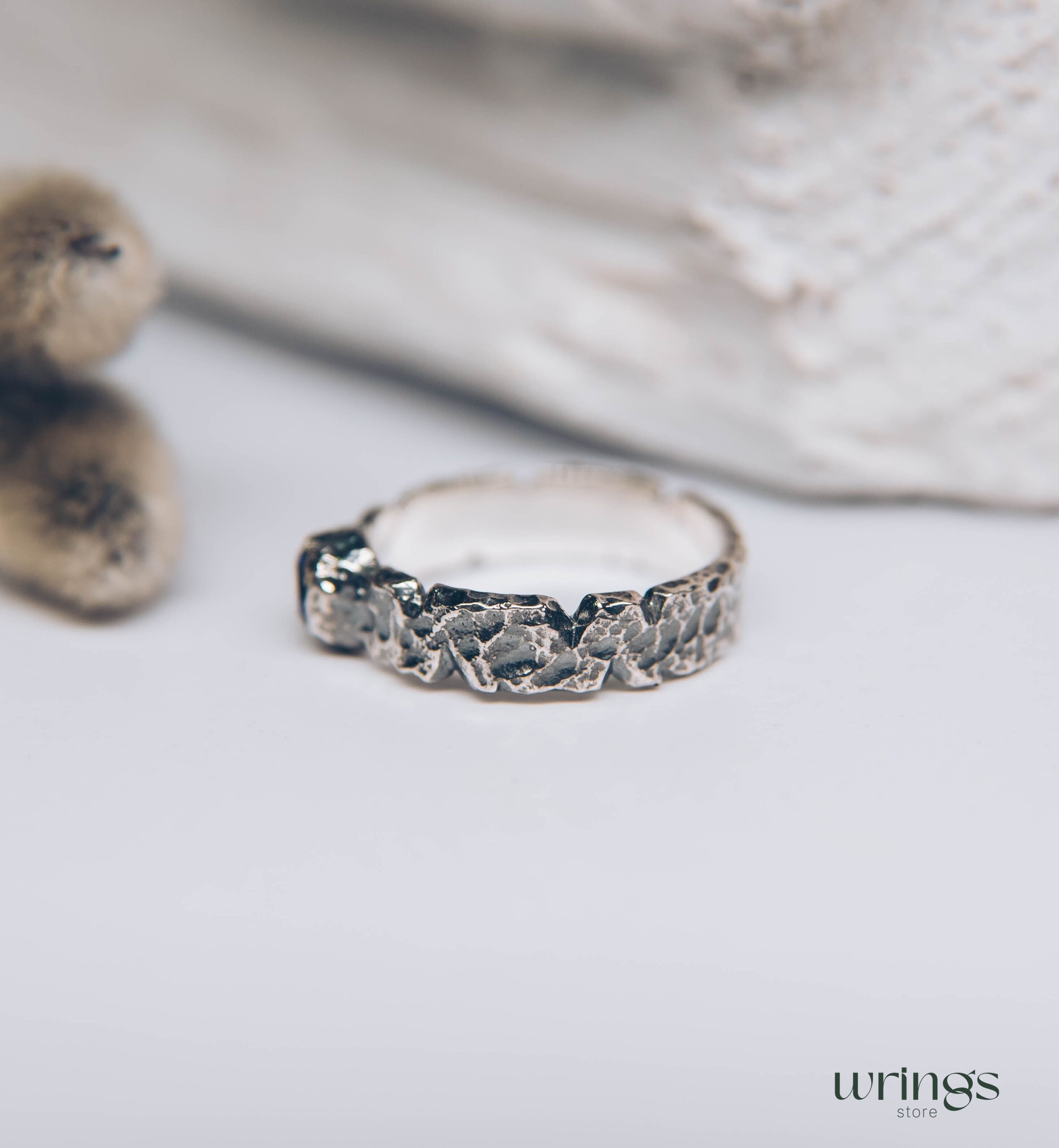 Sapphire Women's & Men's Hammered Sterling Silver Ring