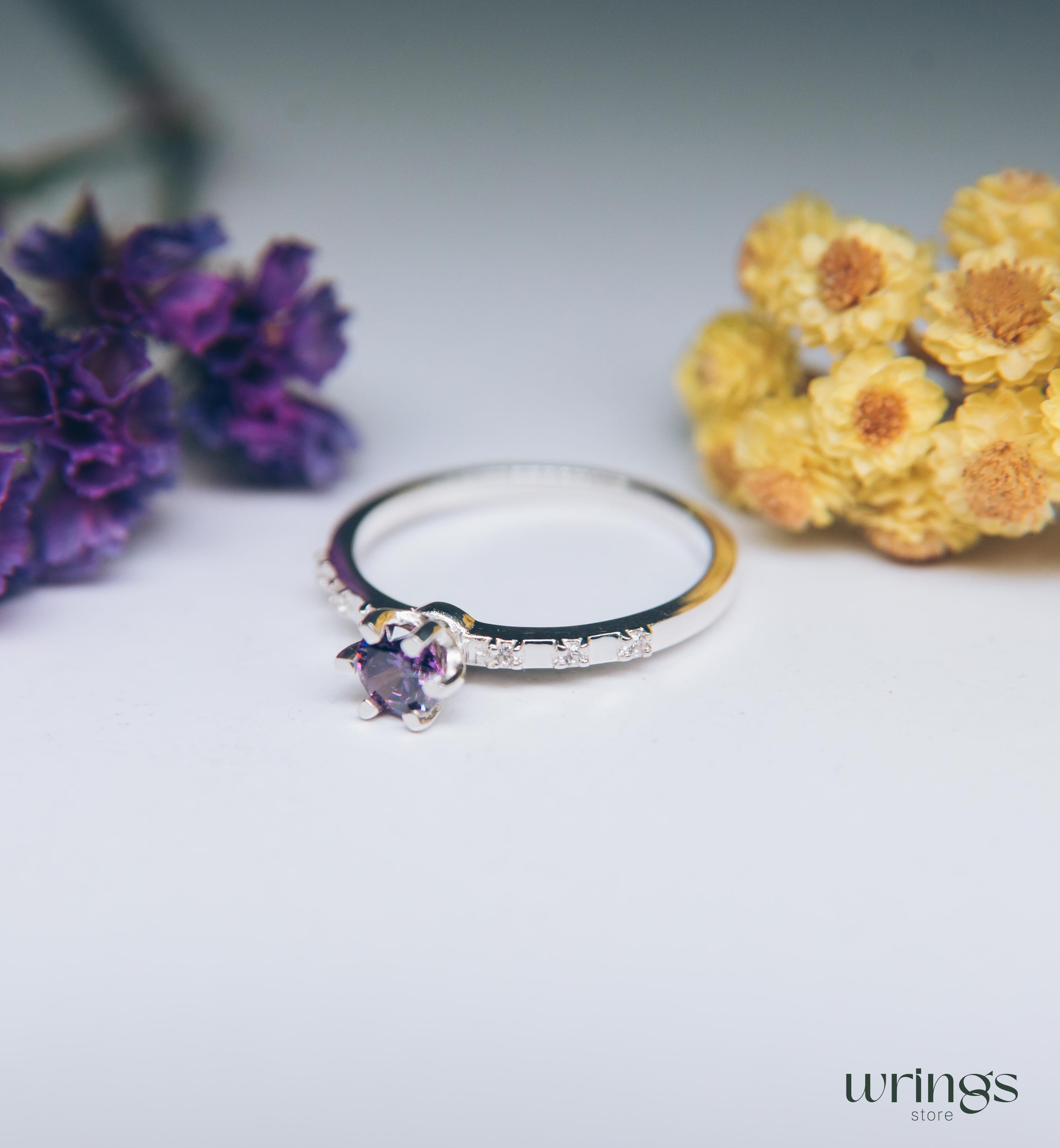Prong Amethyst Engagement Ring Silver with Side Stones