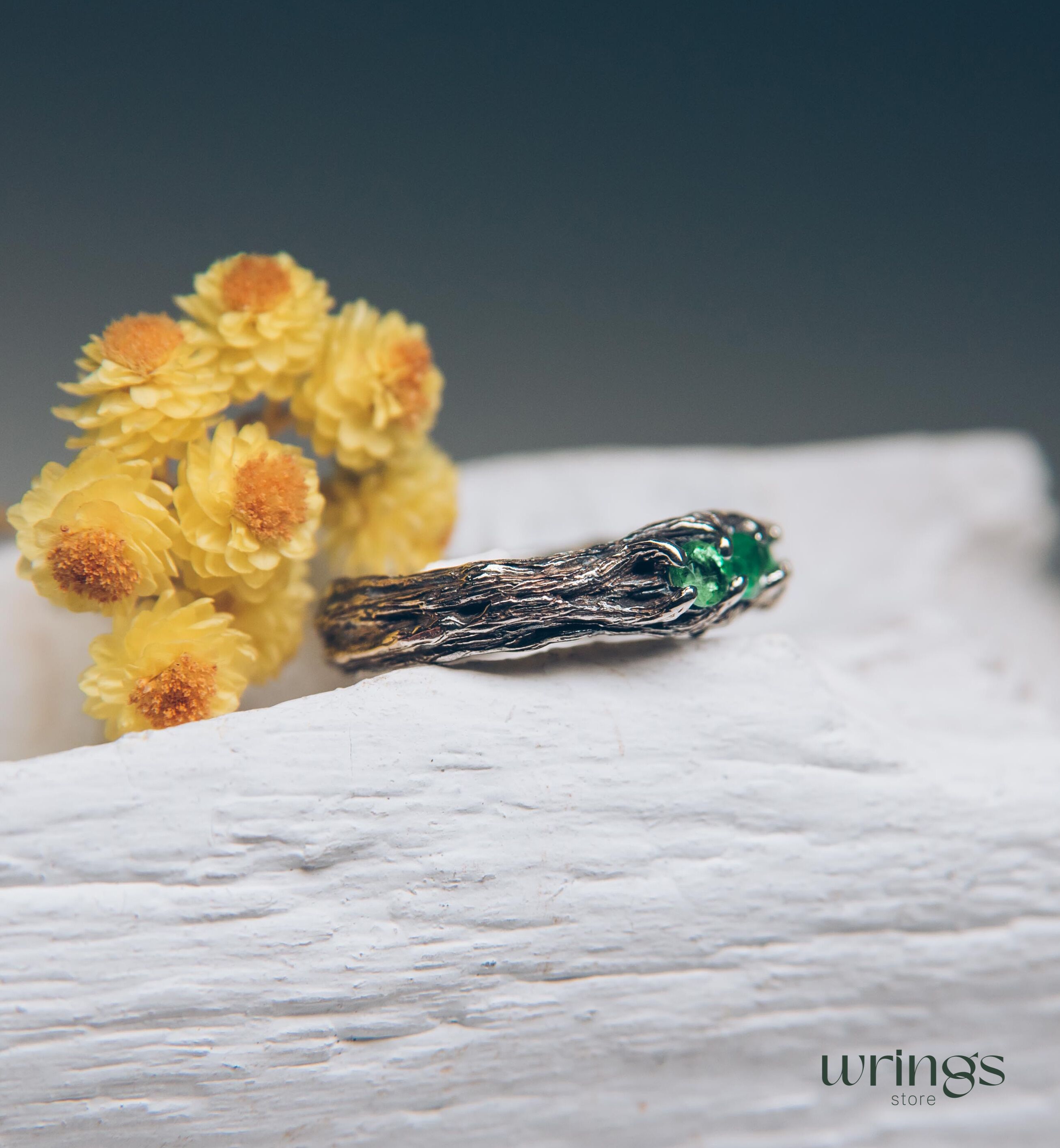 Emeralds on Branch Silver Three Stone Ring for Her