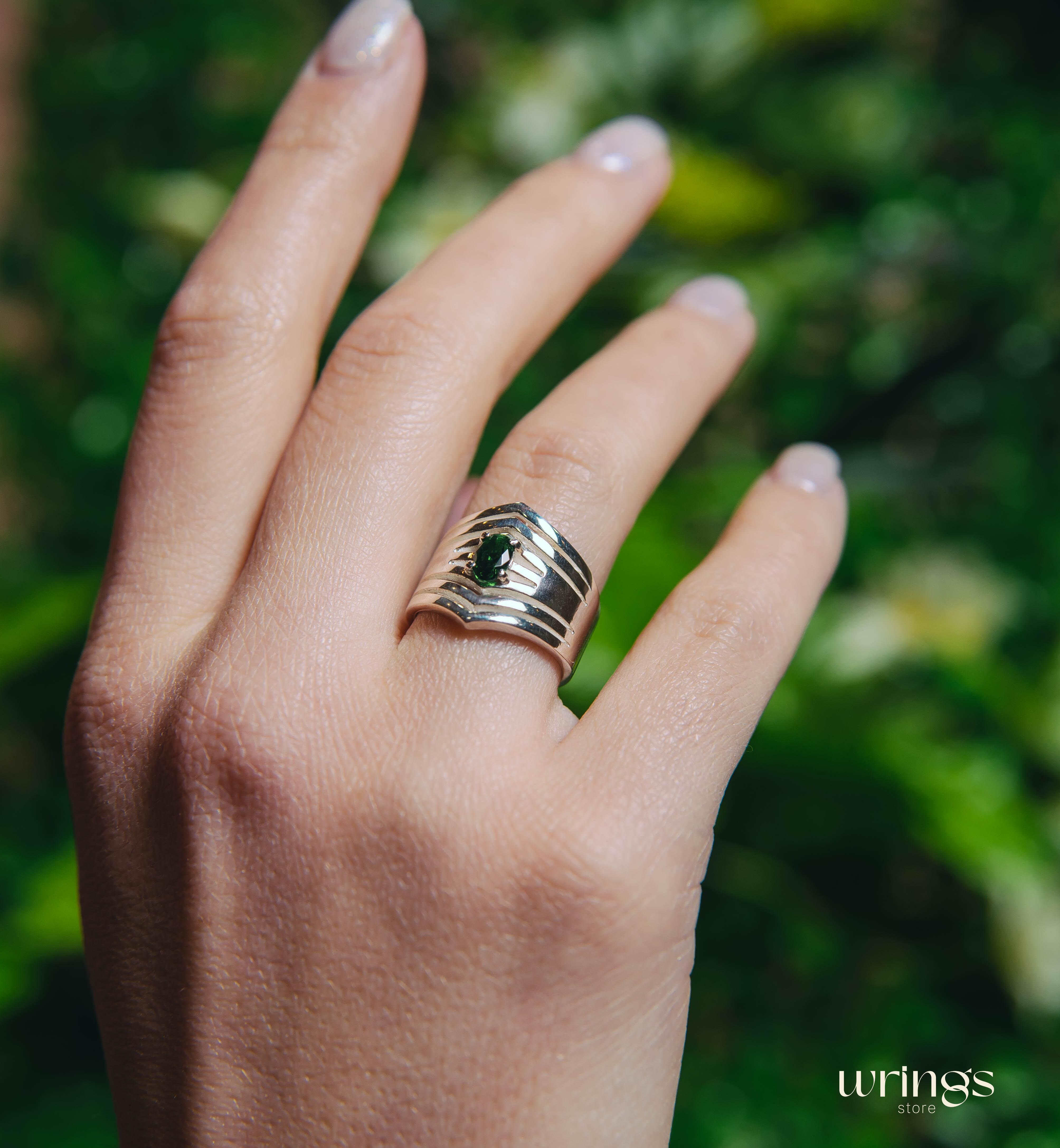 Wide Double Chevron Silver Band with LG Emerald