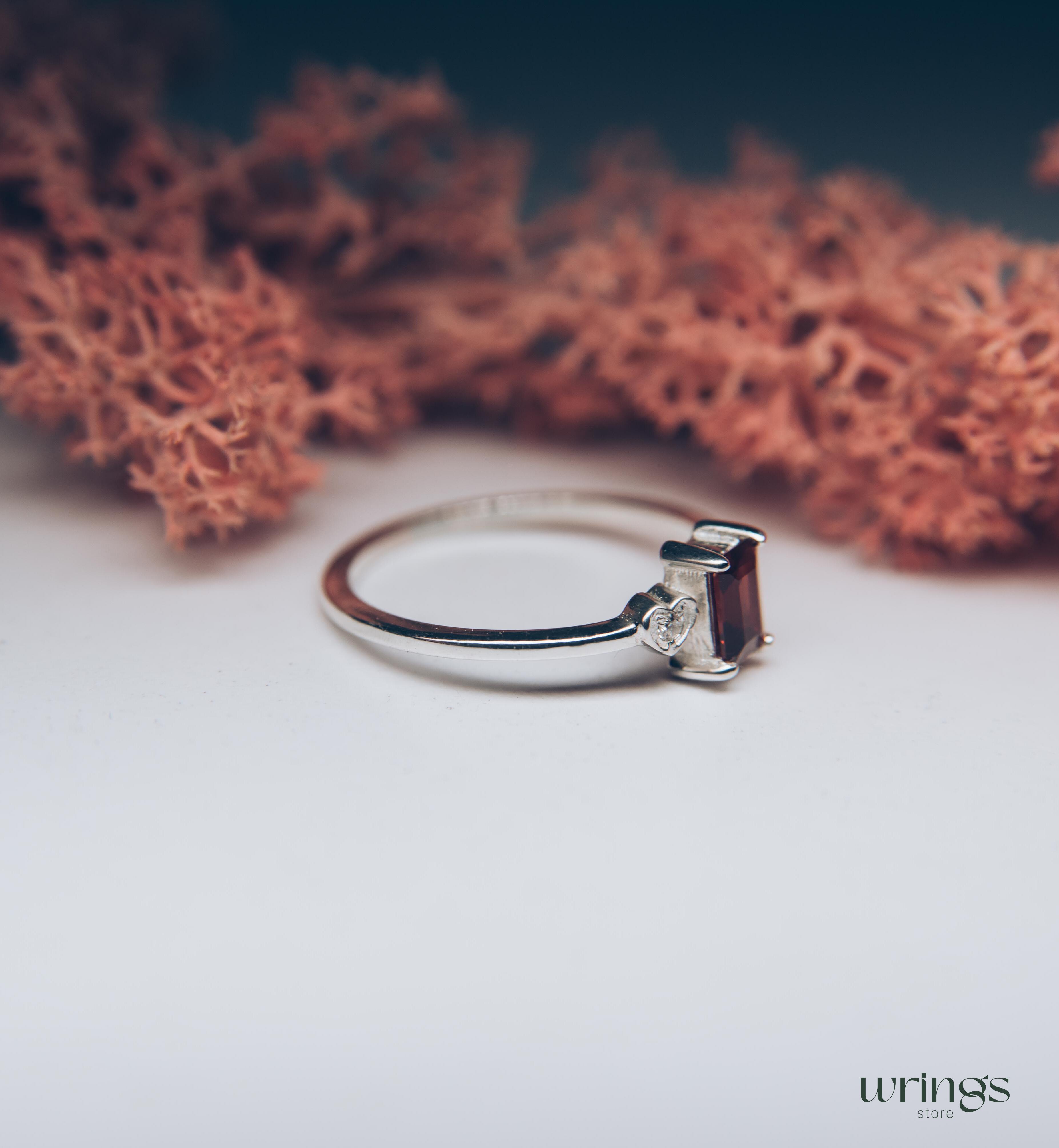 Silver Garnet Engagement Ring & Side Stone CZ in Heart