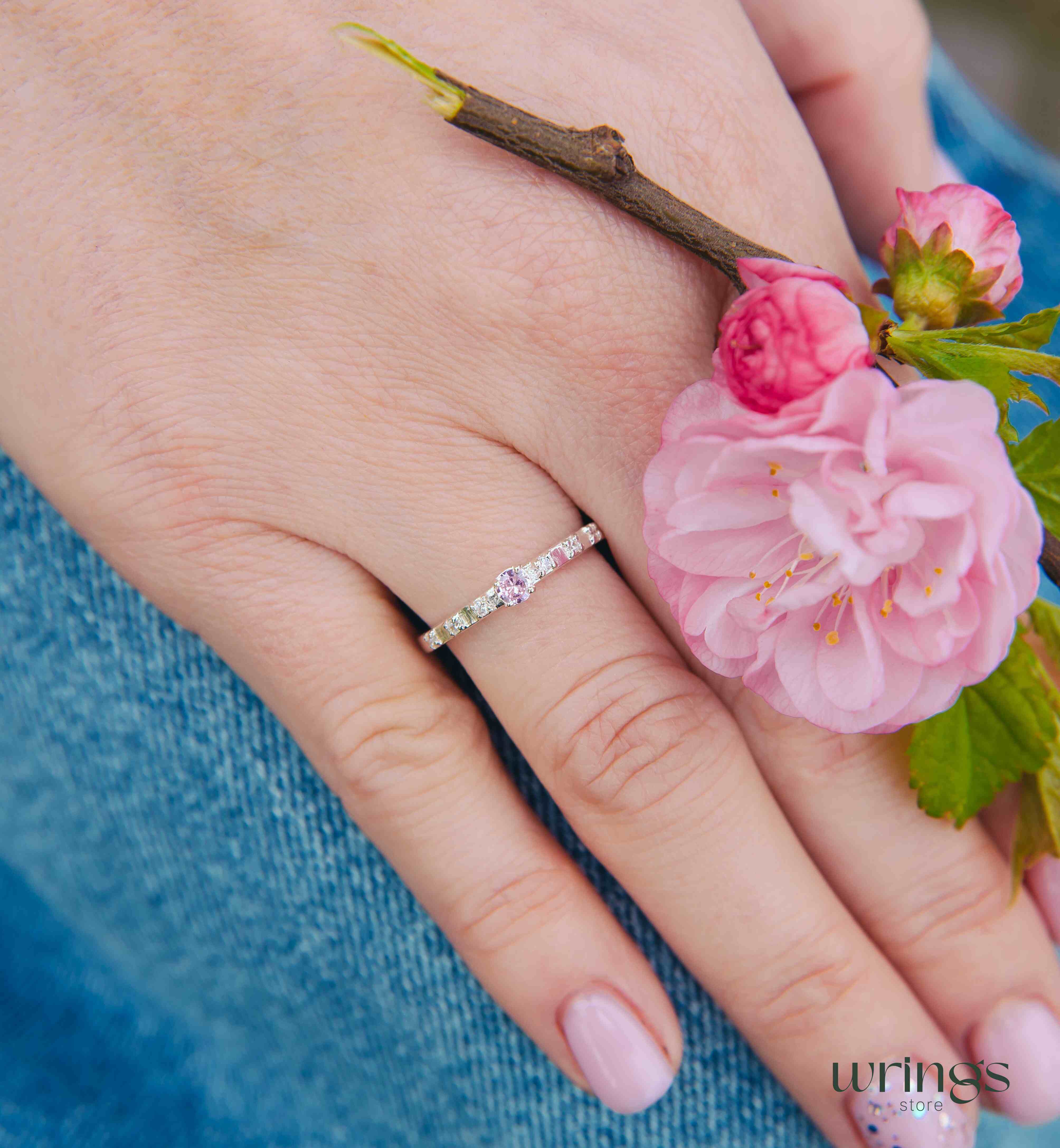 Rose Cubic Zirconia Side Stone Engagement Ring Silver