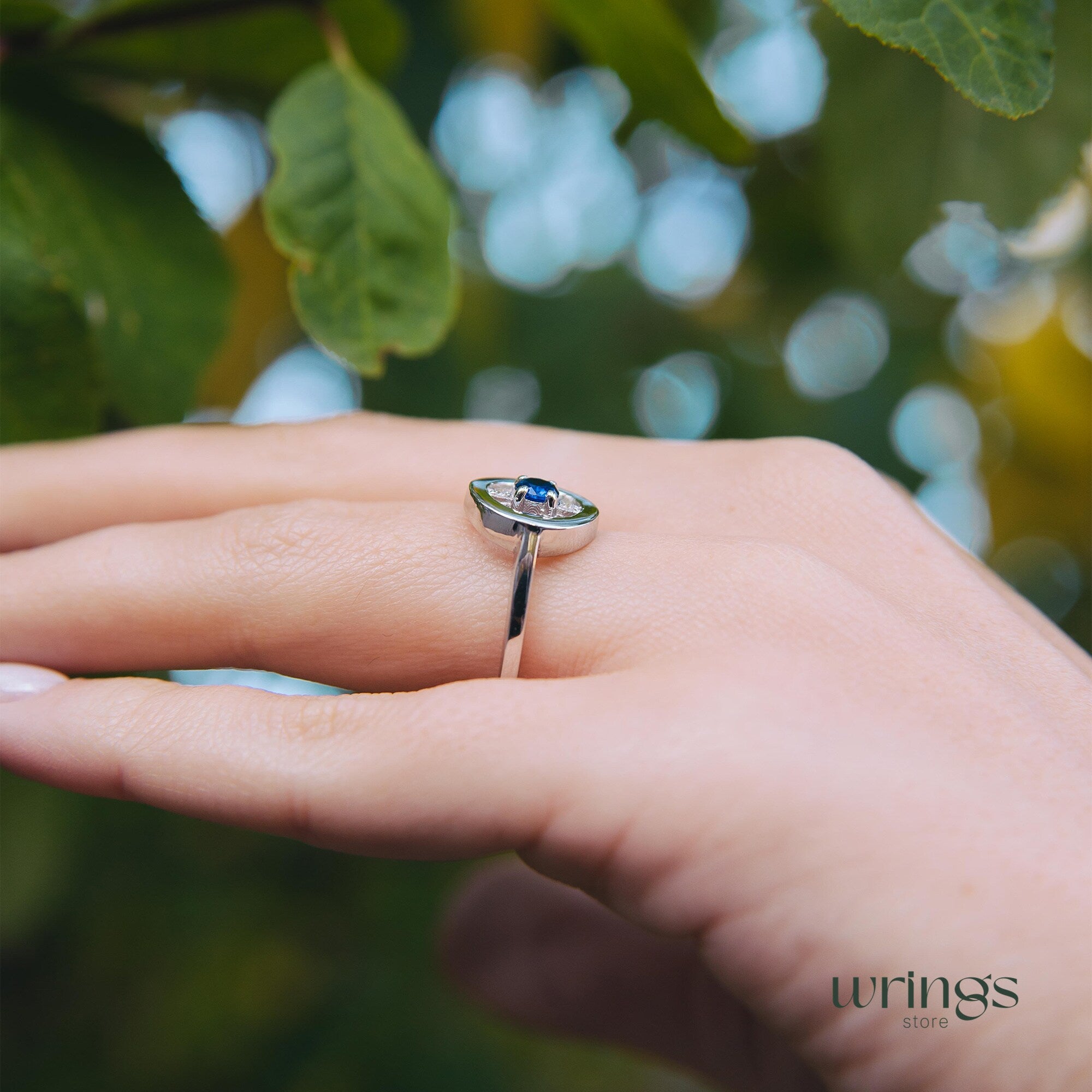 Blue Sapphire & CZ Silver Round Open Engagement Ring