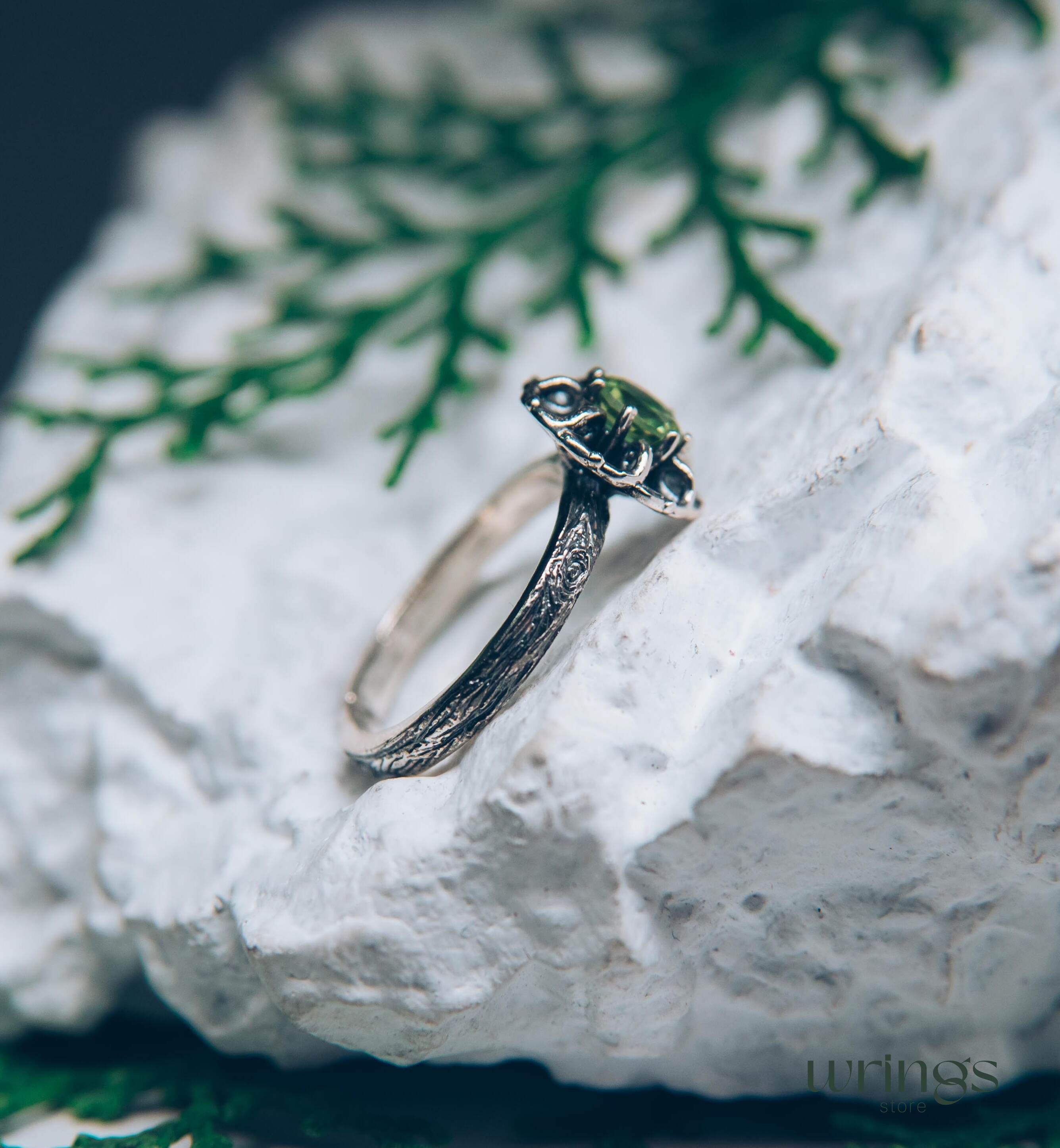 Silver Branch and Peridot Flower Engagement Ring for Women