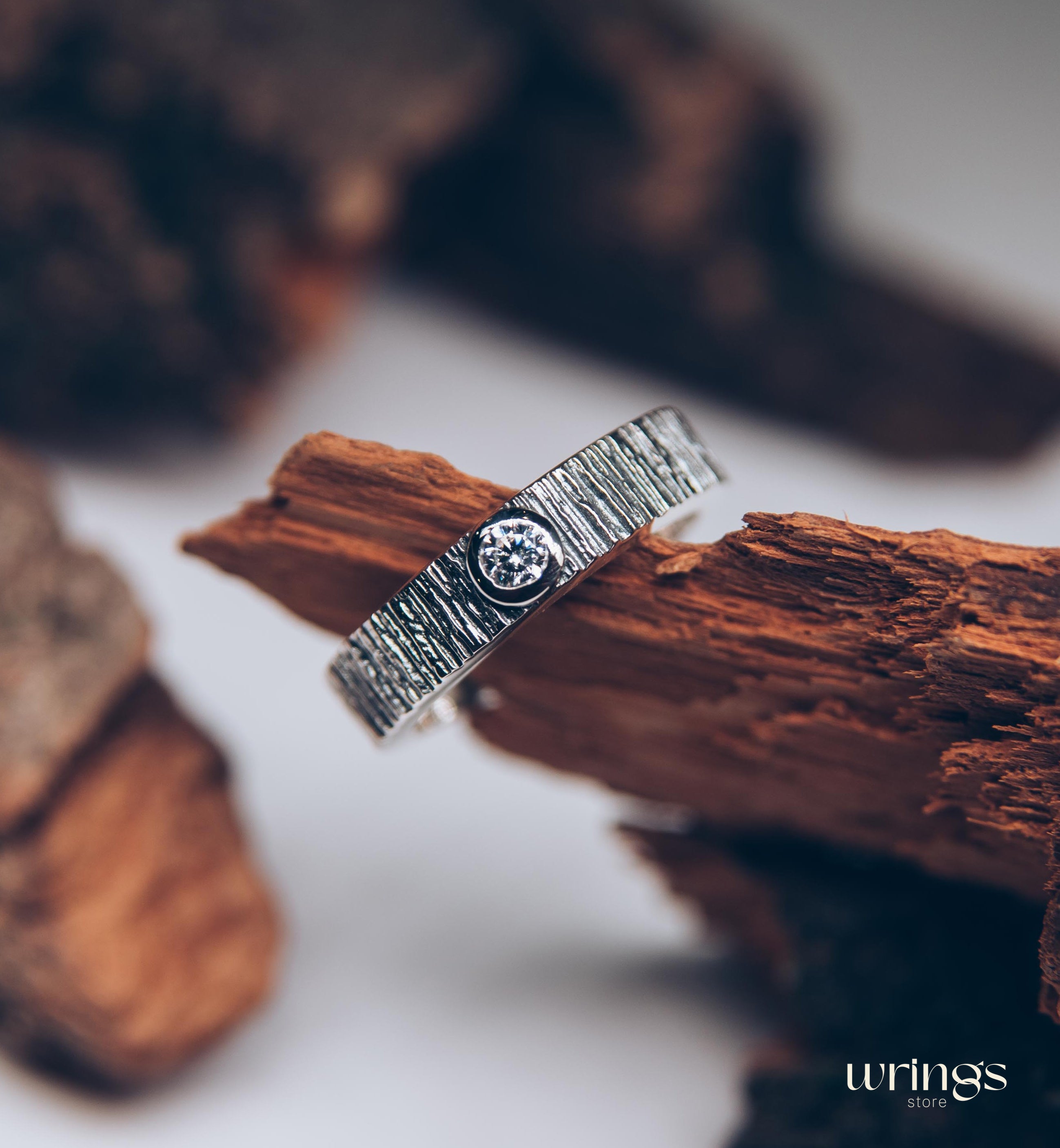 Bezel Diamond and Tree Bark Textured Silver Wedding Ring