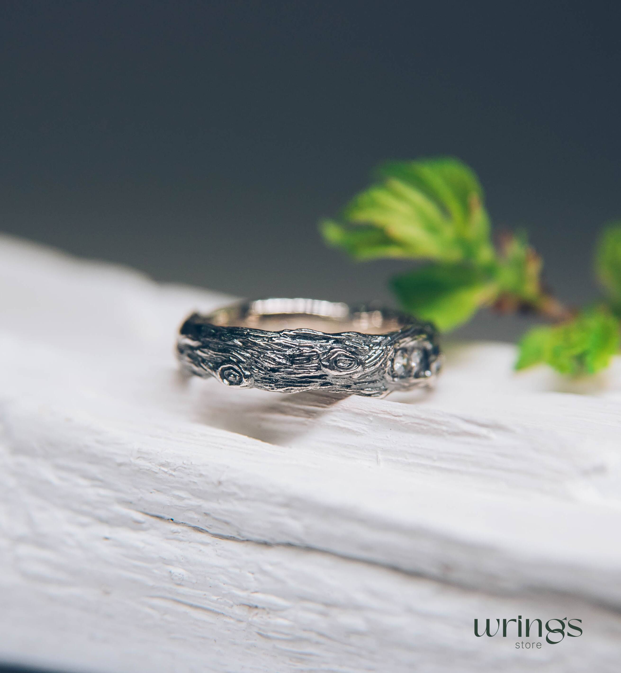 Unusual Tree Bark Sapphire Wedding Ring adorned with side CZ Accents