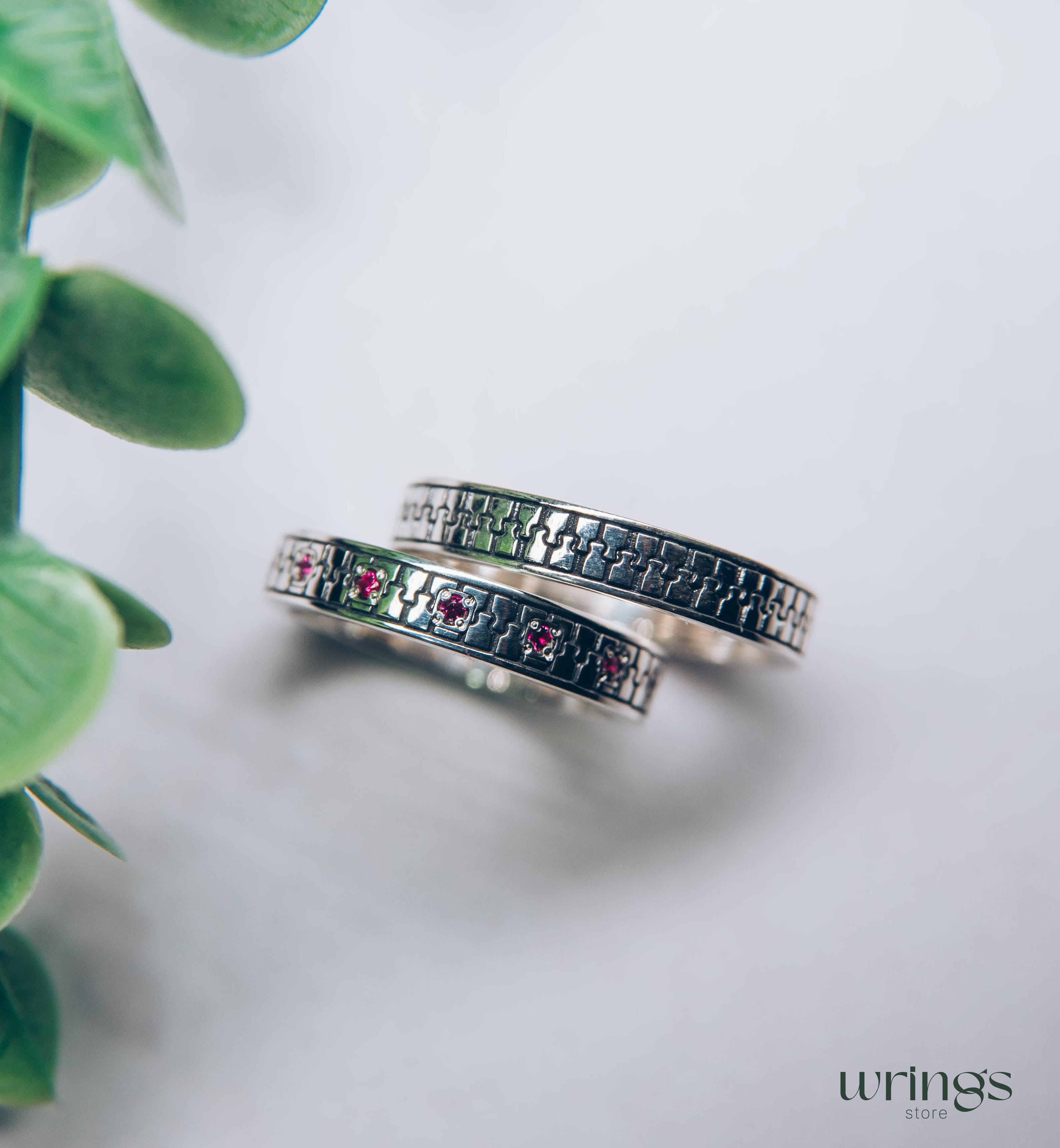 Engraved Zipper Couple Promise Rings Set with Gems Y2K