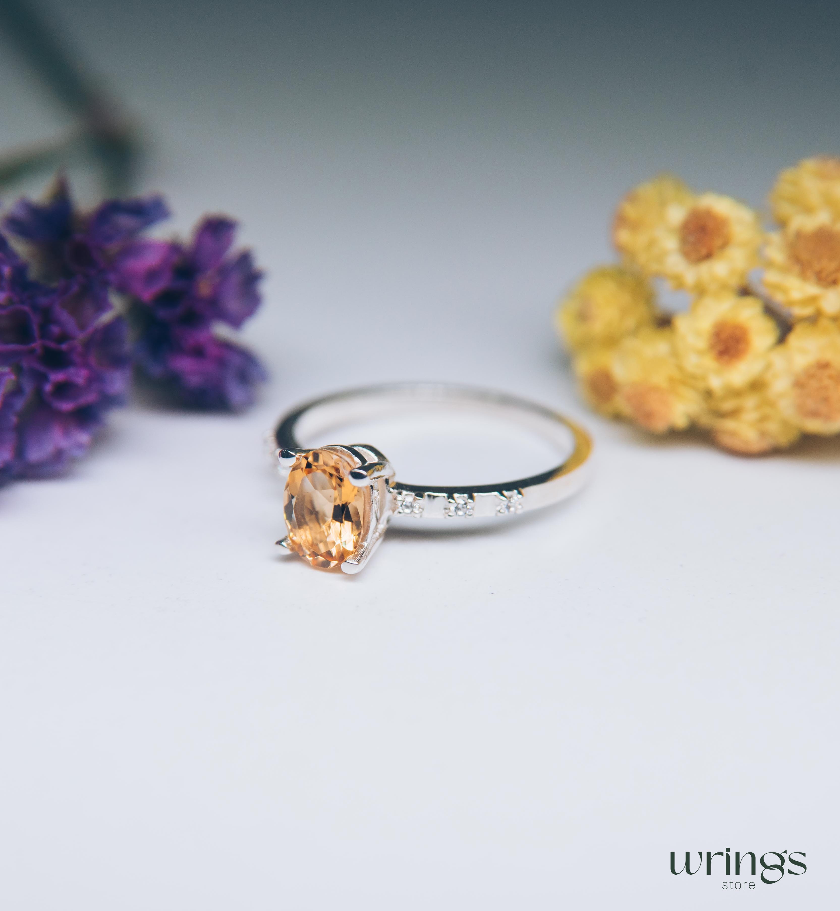 Large Oval Citrine Engagement Ring with Side Stones