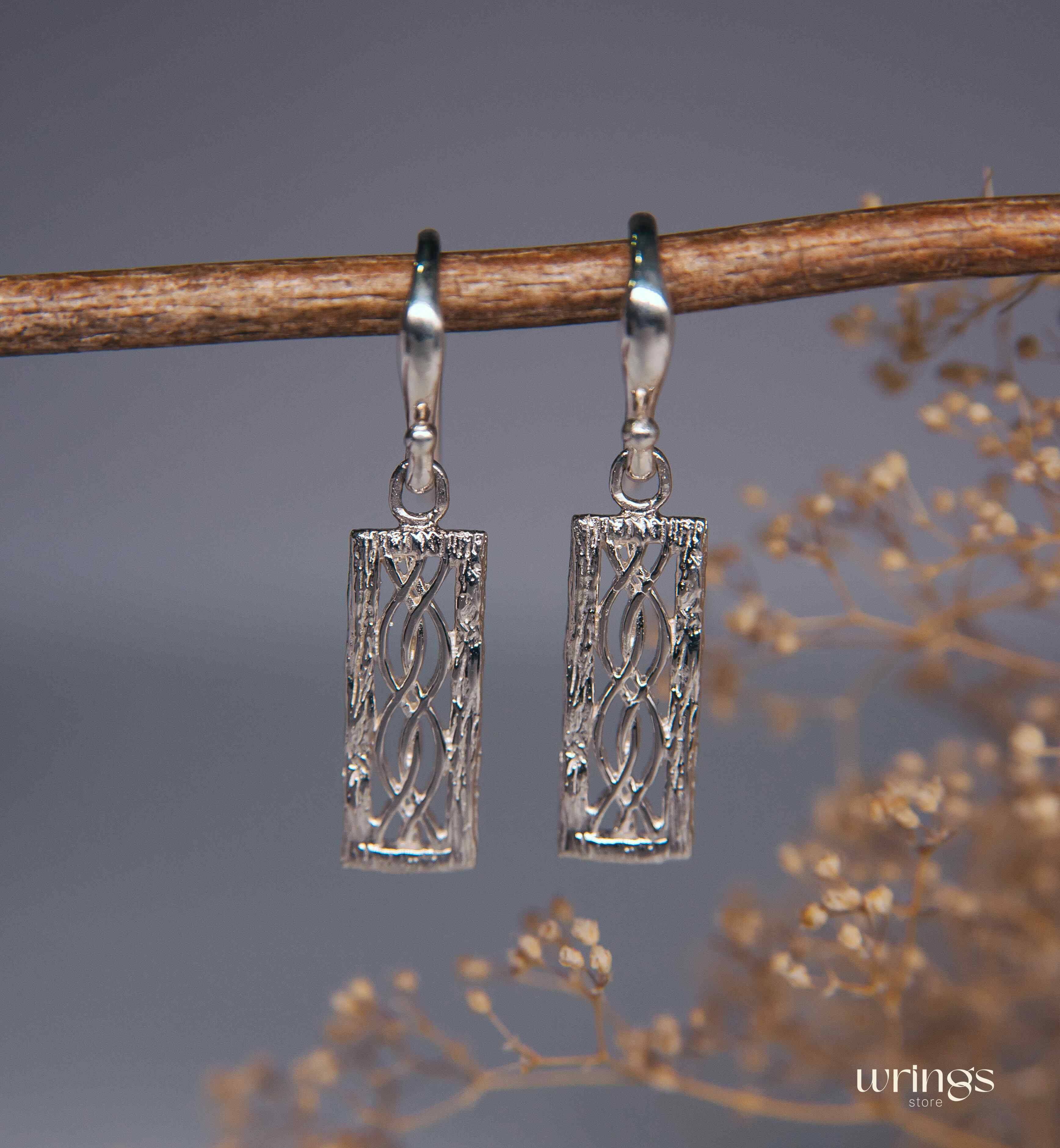 Infinity Knot Silver Drop Earrings Wood Bark Shape