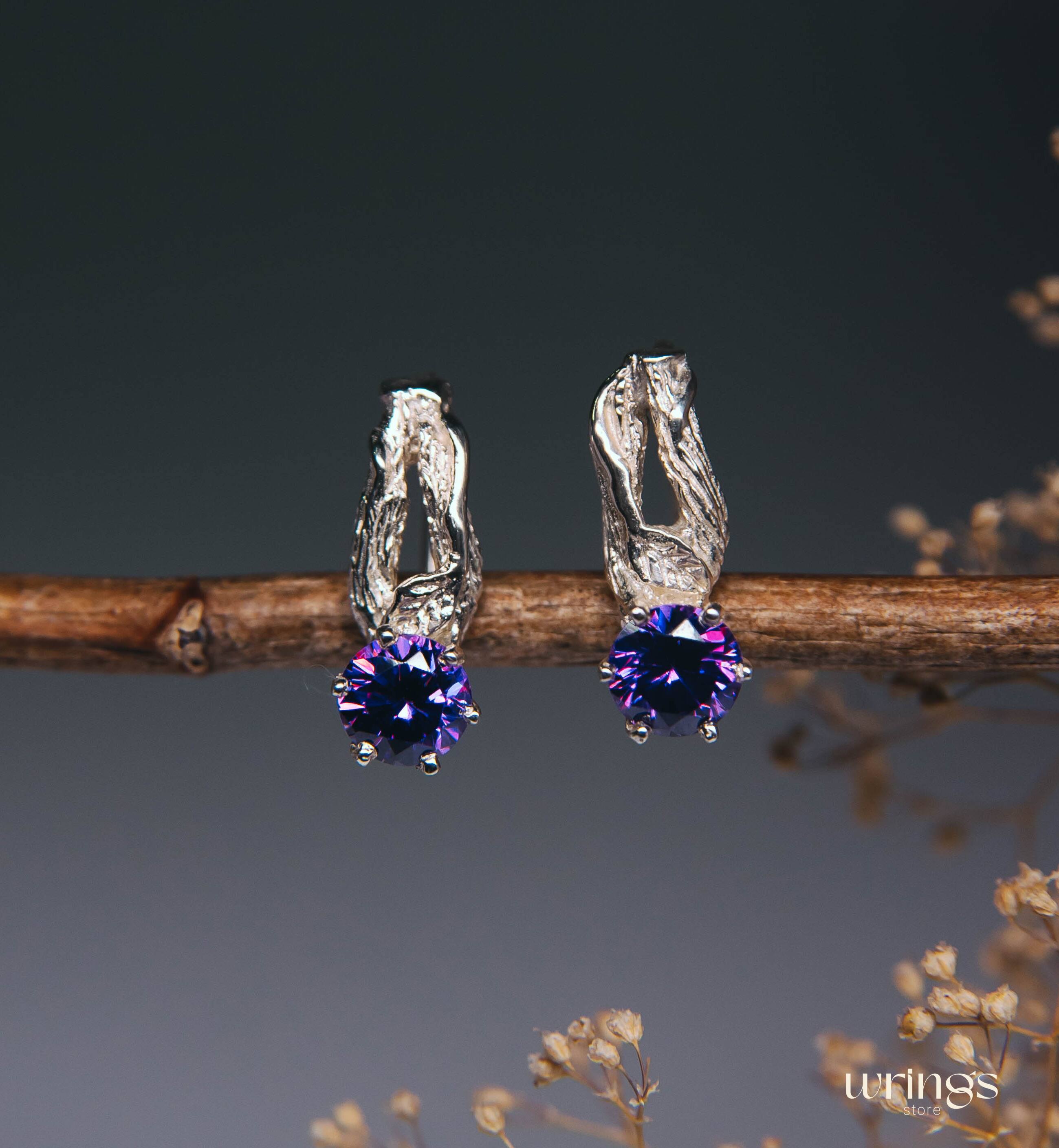 Amethyst Earrings Nature inspired Branch & Leaf Silver