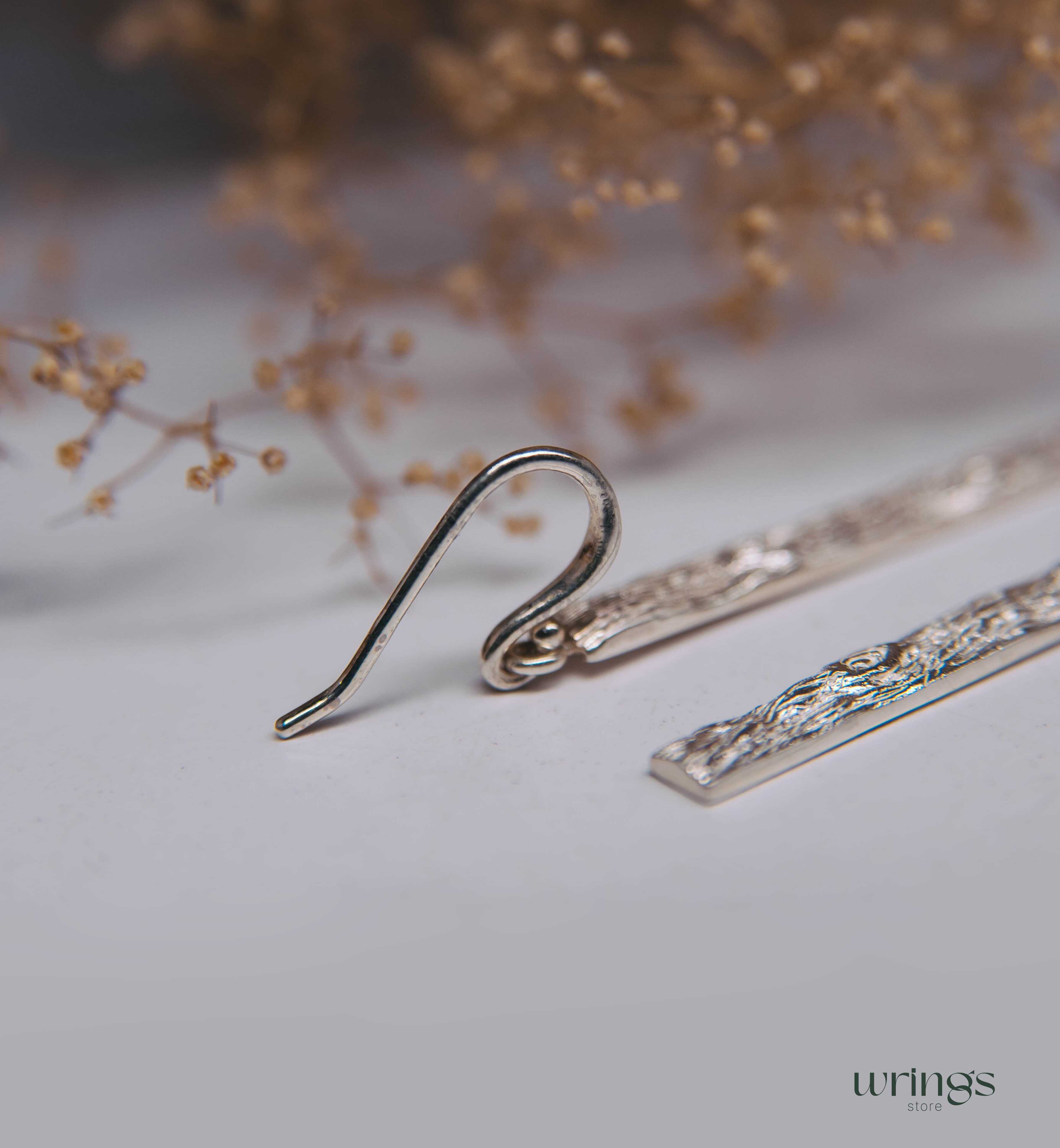 Long Tree Bark Drop Earrings Silver Rustic Naturalist