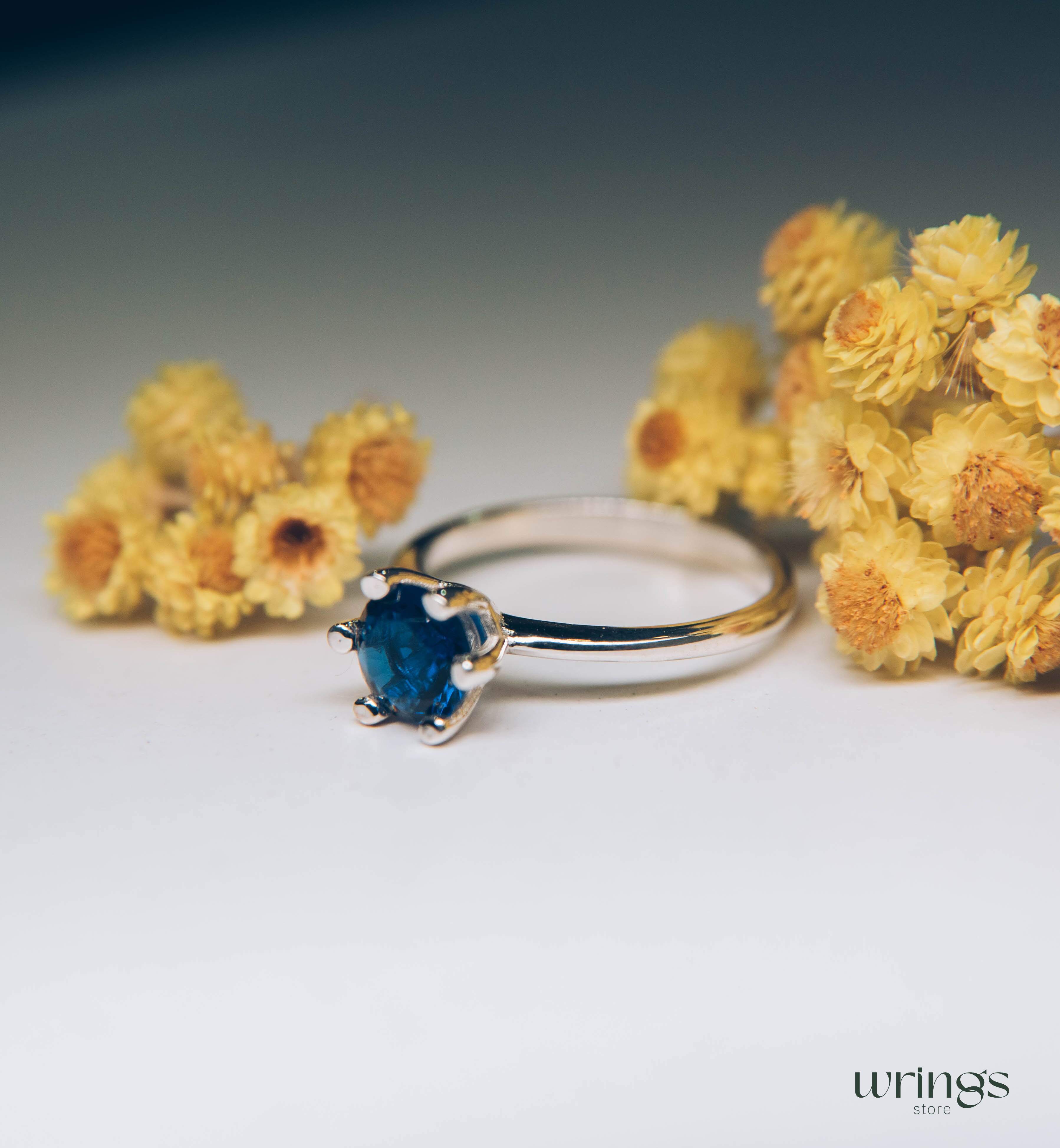 Classic Solitaire Round Sapphire Engagement Ring Silver