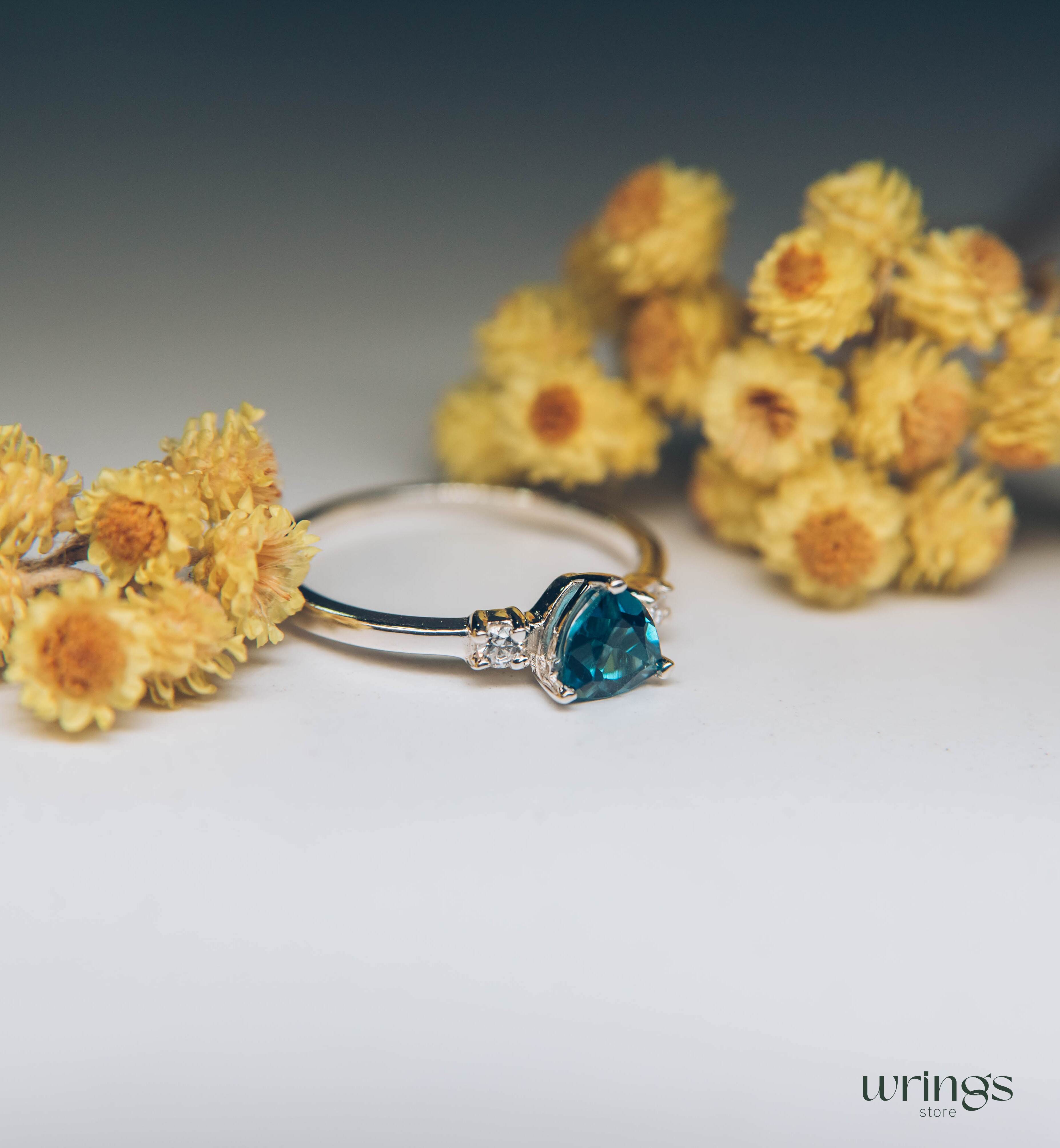 Shiny Trillion Topaz Silver 3 Stone Engagement Ring